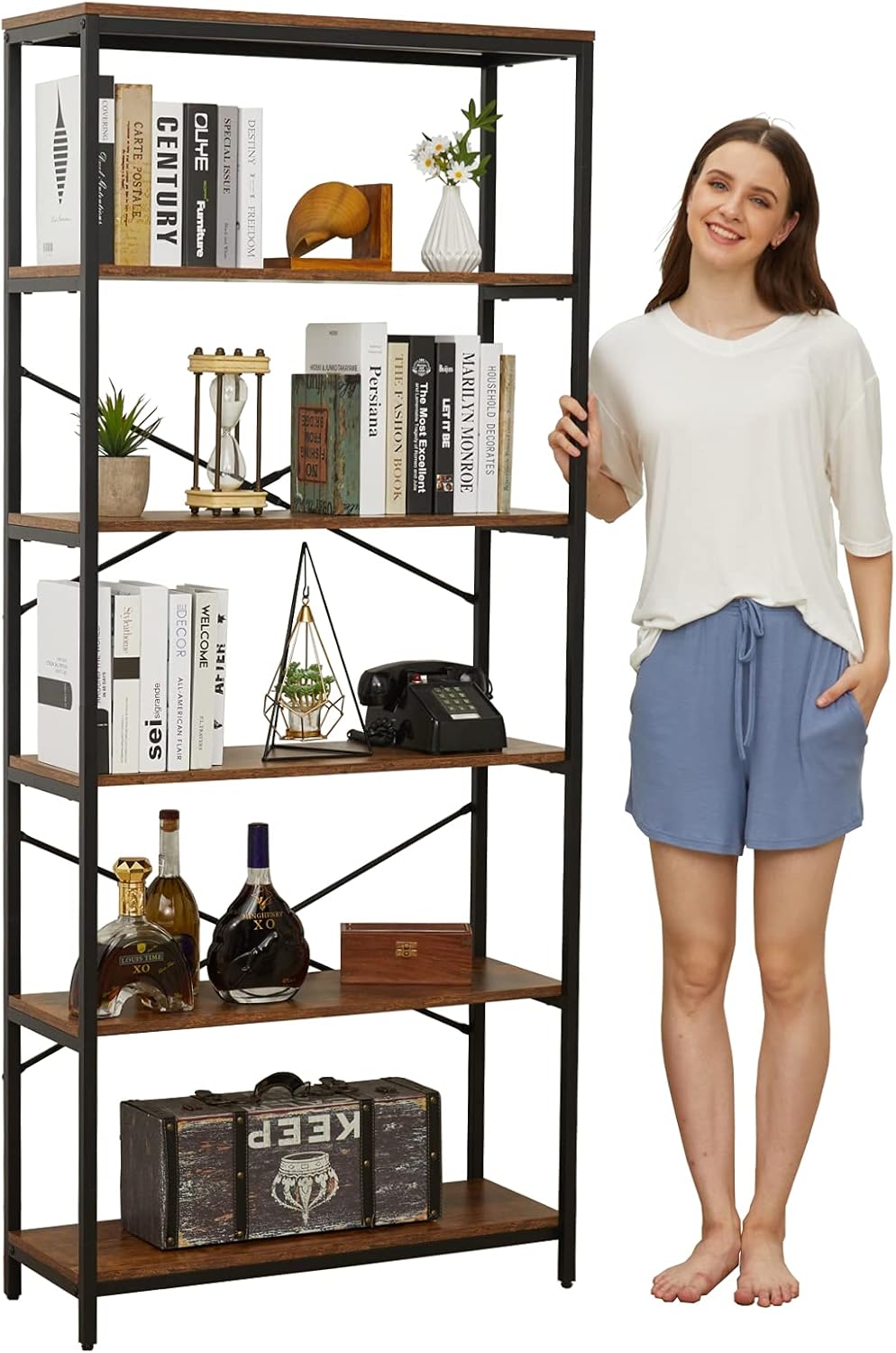 Devo 6 Tier Book Shelves Wall Bookshelf Bookcase Industrial Storage Shelves Freestanding Shelving Unit Black Metal Frame Tall Bookcases with Anti-tip Kit for Living Room Wood Home Office Decor