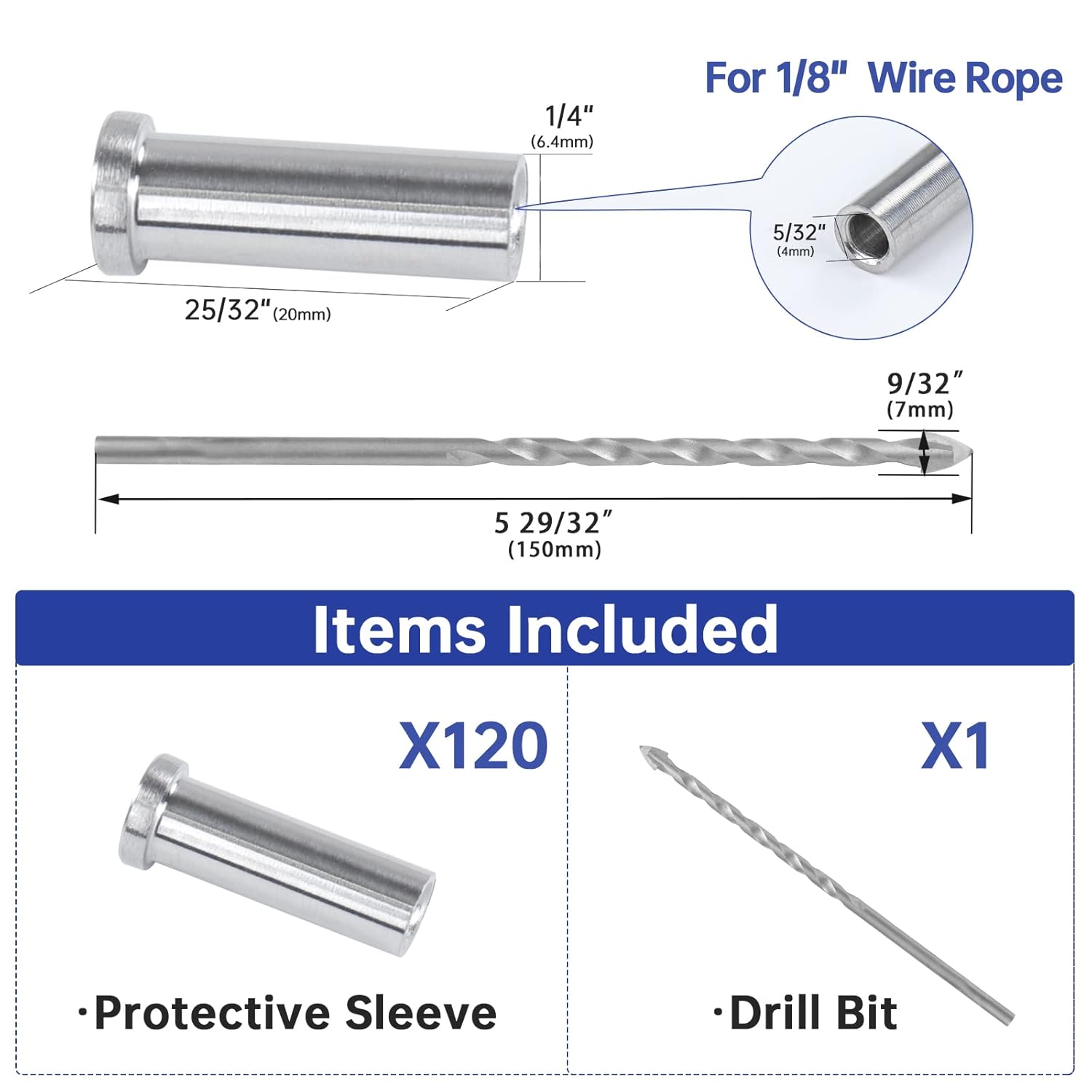 Muzata 120Pack Cable Railing Kit Stainless Steel Protective Sleeves for 1/8