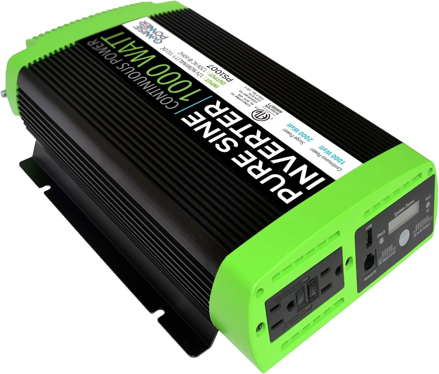 GoWISE Power 1000W Continuous 2000W Surge Peak Power Pure Sine Wave Inverter w/Digital LCD Display, Black/Green (PS1007)