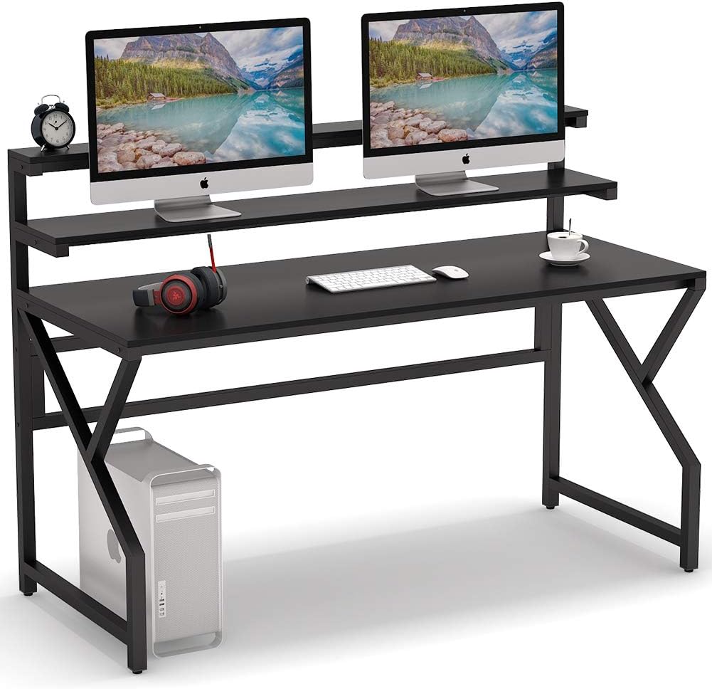 Tribesigns Computer Desk with Monitor Stand, 55 Inch Large Modern Office Desk Gaming Table Studying Writing Desk Workstation with Hutch for Office & Home Office, Black