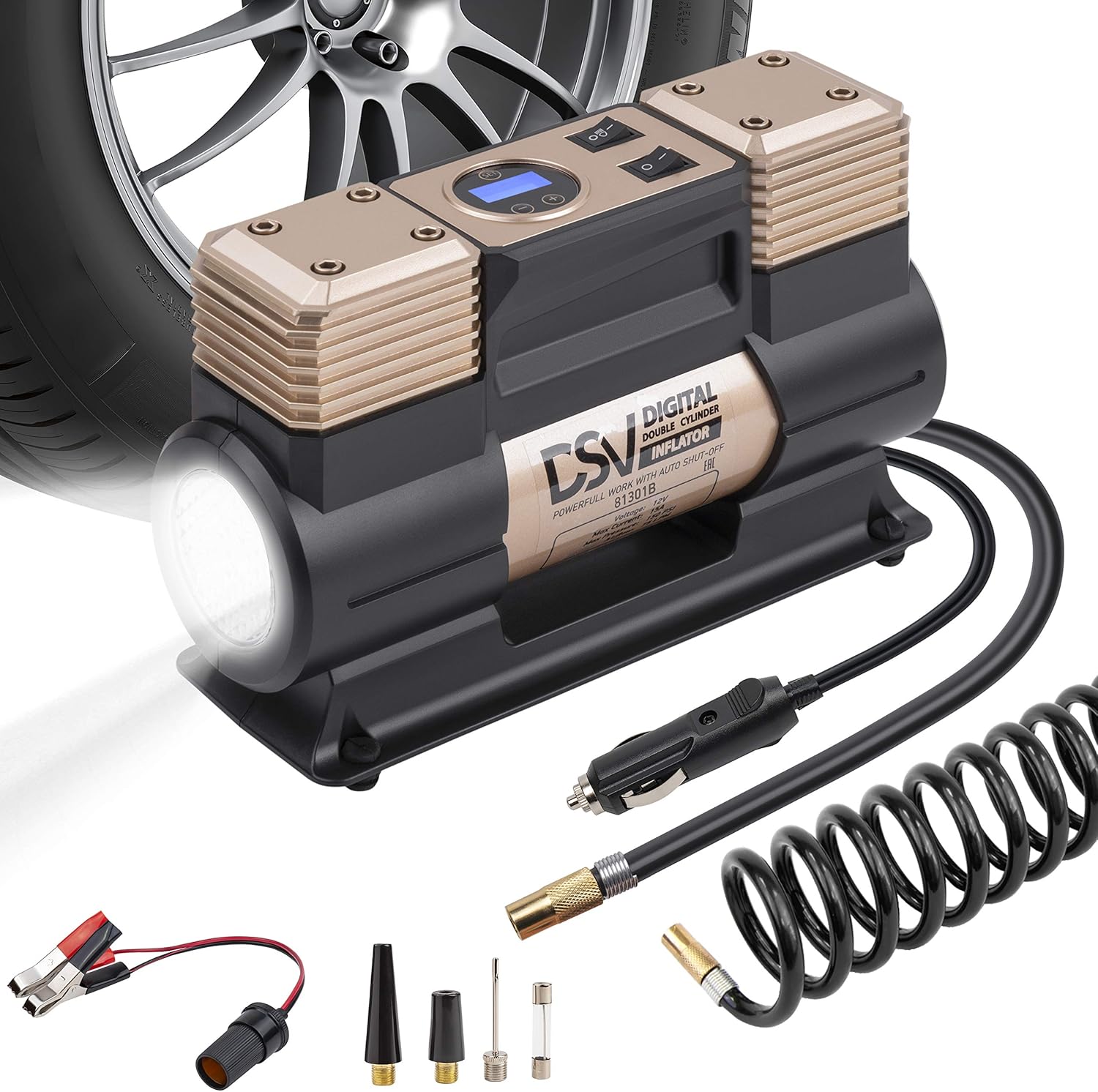 DSV Standard Digital Portable Heavy Duty Double Cylinders Air Compressor Tire Inflator, 12V DC 150PSI Air Pump with Auto Shut Off, Led Light & Extension Hose.Ideal for Truck Tires,Bicycle,Dinghy,Balls Pack of 2