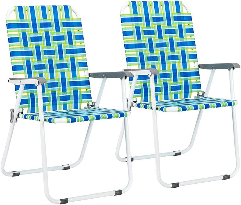 VINGLI Patio Folding Web Lawn Chair Set, 2 Pack Outdoor Beach Chair Portable Camping Chair, Webbed Folding Chair for Yard, Garden (Green)