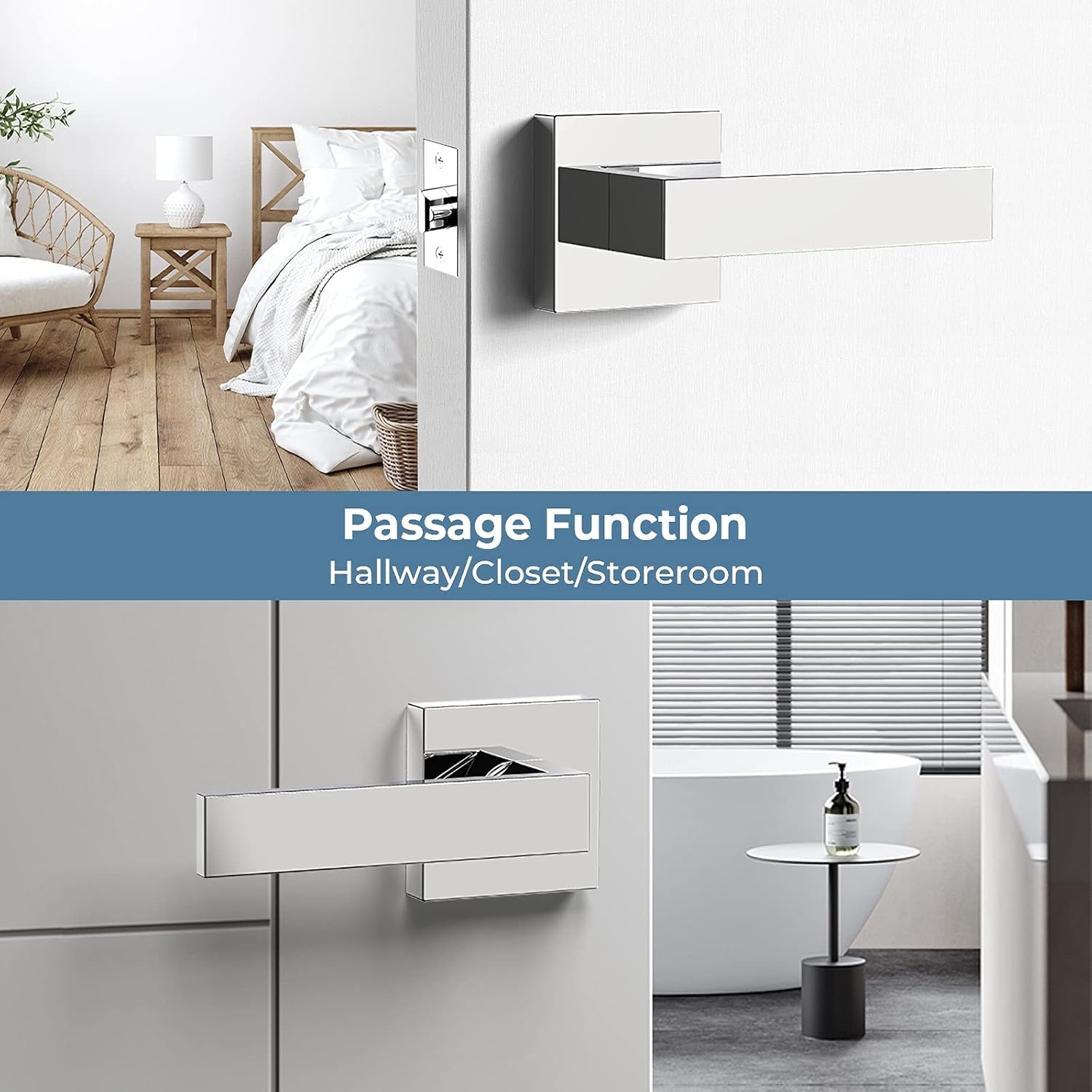 3 Pcs Door Handles, Passage Door Knobs Polished Chrome Door Handle, Hallway Closet Door Knobs Interior Without Keys, Heavy Duty Black Door Knobs for Left or Right Handed Doors