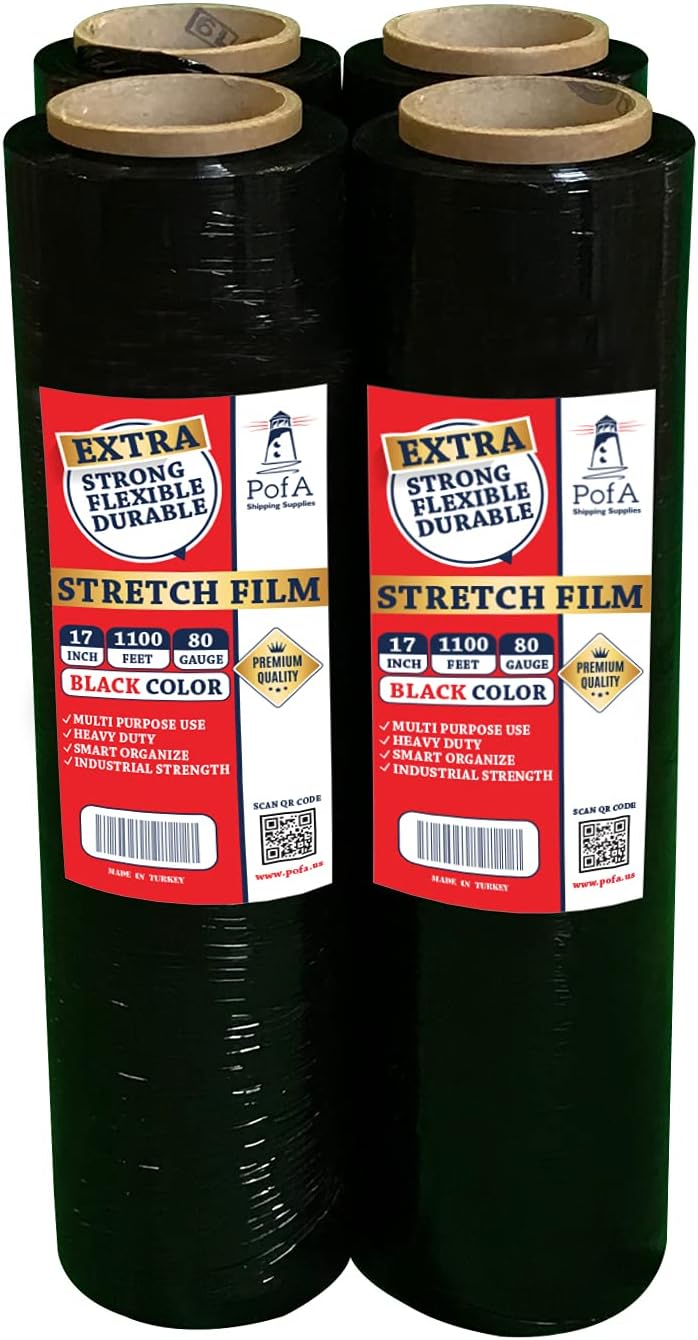 Stretch Film Plastic Wrap Roll - Industrial Heavy Duty Shrink Wrap for Packing, Shipping, Pallet, Cling, Furniture, Moving Supplies by PofA (4 Rolls Black)