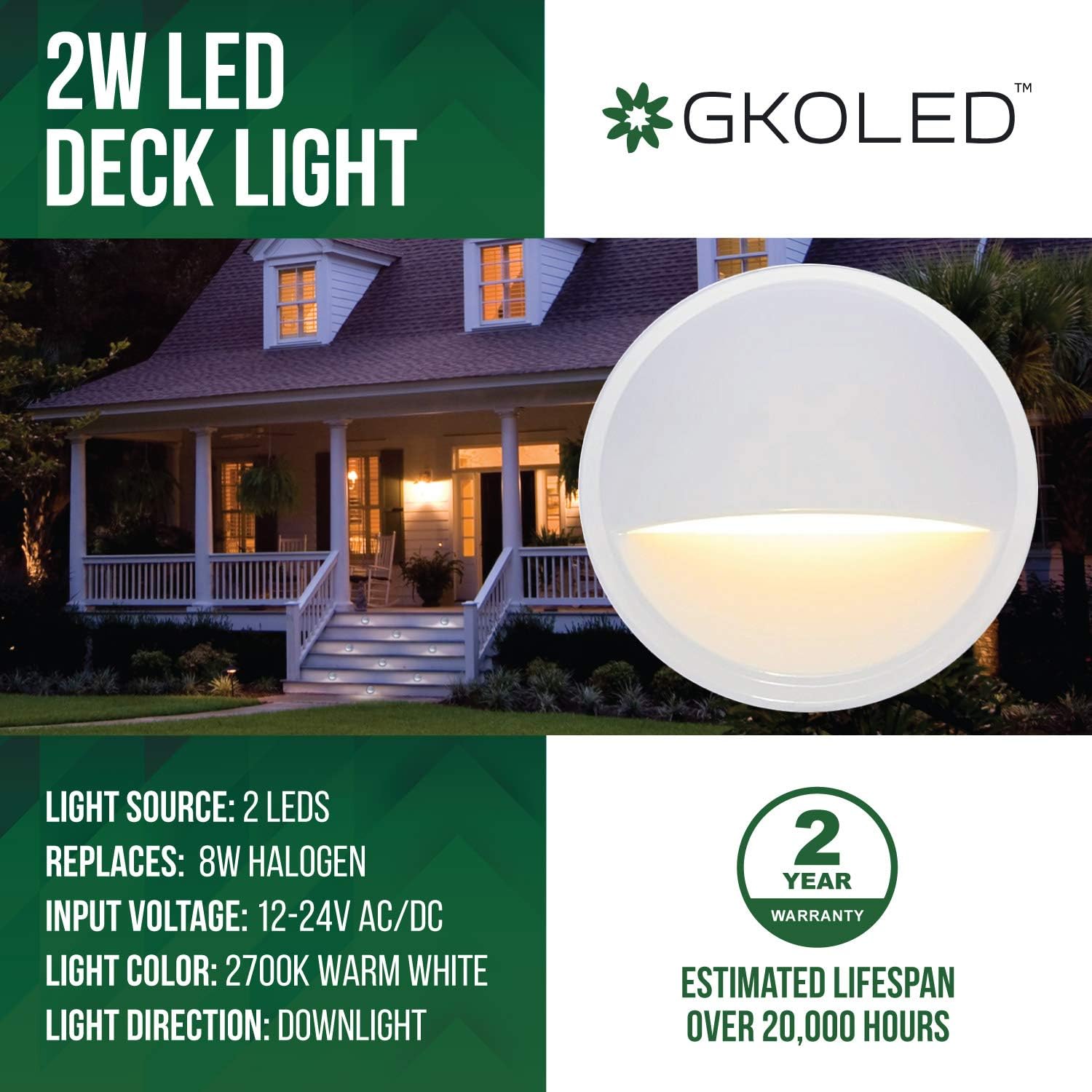 GKOLED Landscape Deck Light, Low Voltage 12V AC/DC Outdoor Patio Lighting, LED 2W Step Light, Die-Casting Aluminium with White Powder Appearance, 6 Pack