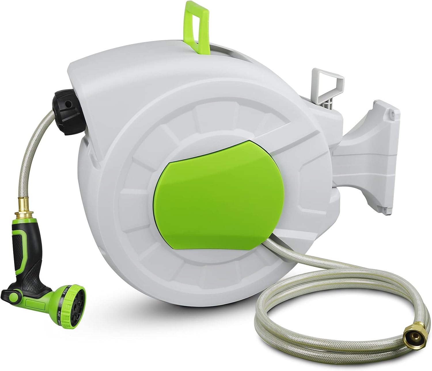 WSRYFDC Retractable Garden Hose Reel, 1/2 Inch x 100 ft Water Hose Reel Wall Mount, 10 Patterns Hose Nozzle/ Self-Winding/ Any Length Lock/ 180°Swivel Bracket Hose Box