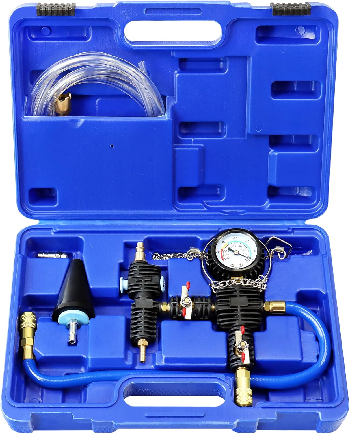 JIFETOR Cooling System Vacuum Purge Radiator Coolant Refill Tool Kit, Universal Automotive Water Tank Pneumatic Vacuum Antifreeze Change Filler Set, with Adapter Case Hose for Car Van SUV Truck
