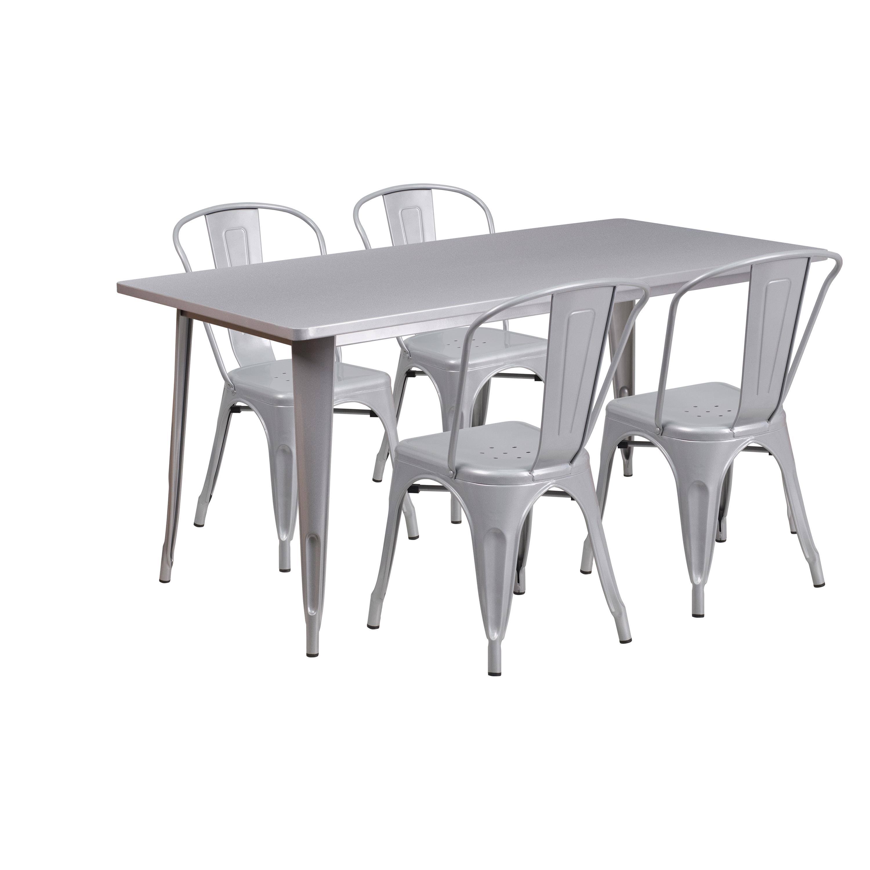 Flash Furniture 31.5 x 63 in. Rectangular Metal Indoor-Outdoor Table Set with 4 Stack Chairs Silver
