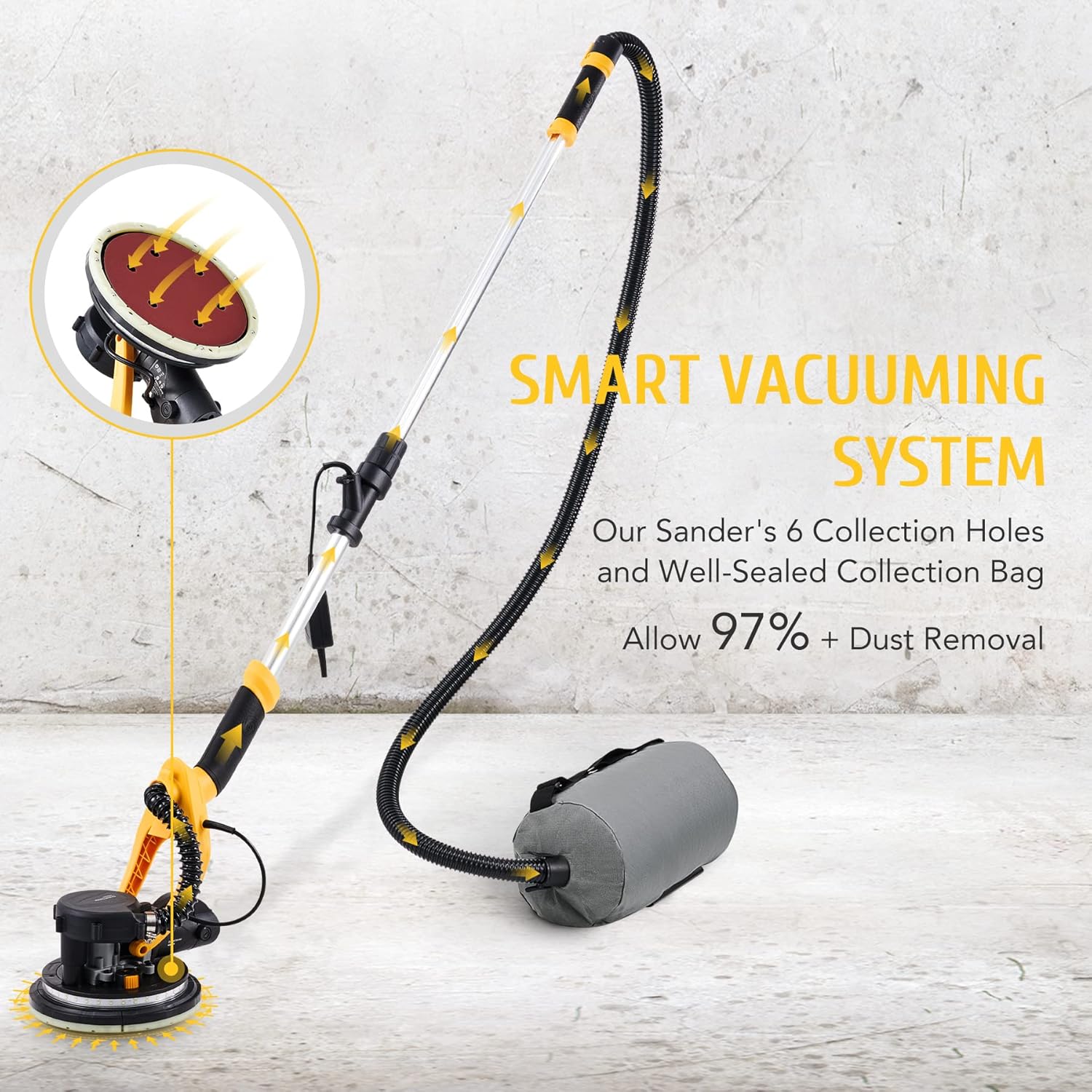 ZELCAN 800w Drywall Sander with Vacuum, Dustless Wall Pole Sander with 59-71'' Extendable Handle, 500~1800RPM Dust-Free Auto Electric Sanding Machine with 12 Sanding Discs, Carrying Bag & LED Lights