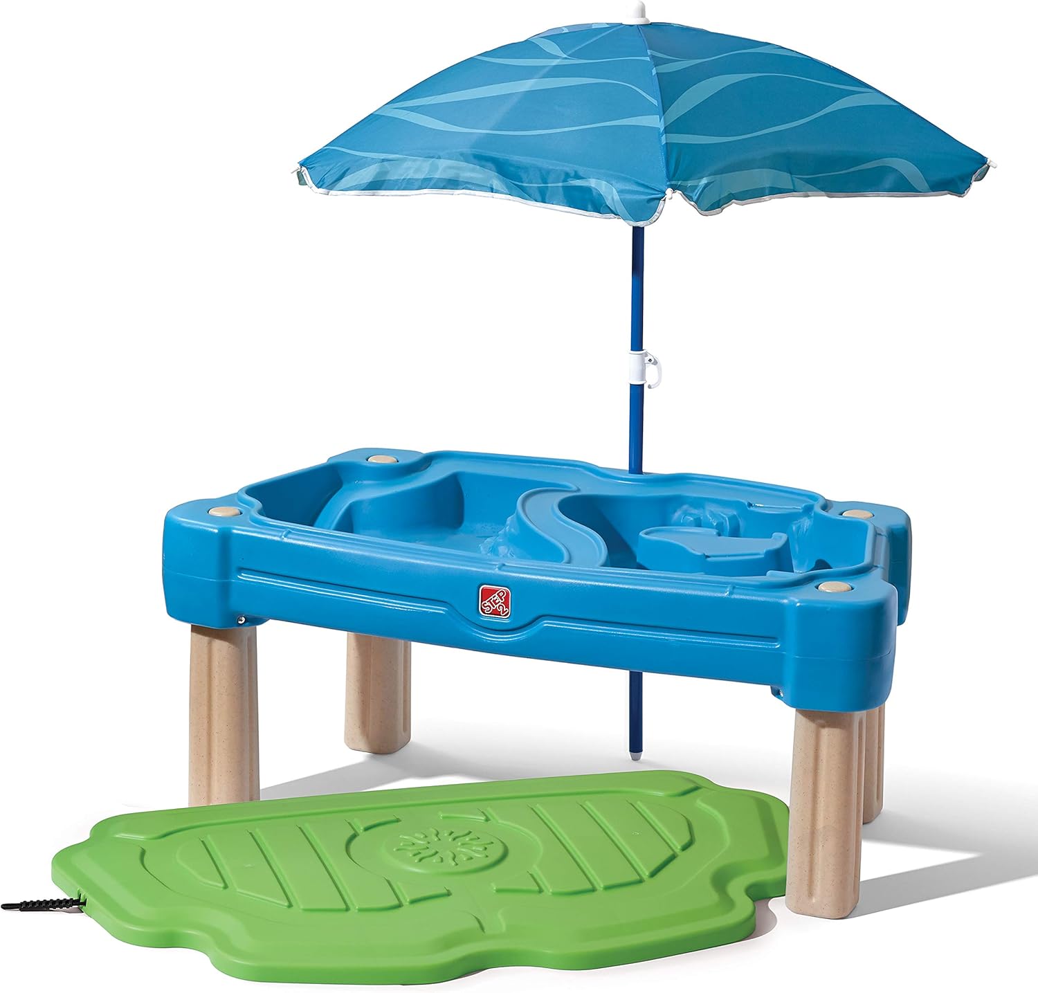 Step2 Cascading Cove Sand & Water Table with Umbrella | Kids Sand & Water Play Table with Umbrella | 6-pc Accessory Set Included, Blue
