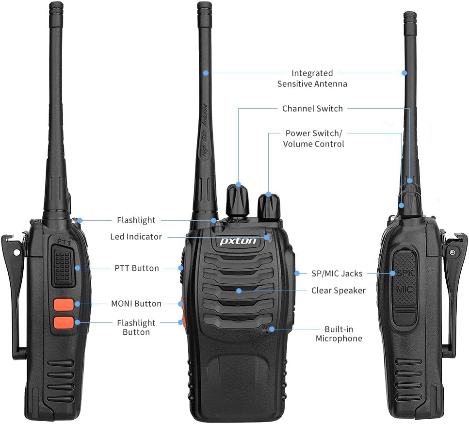 pxton walkie talkies for Adults Long Range with USB Charger and Upgraded Earpieces,Handheld Portable Two Way Radio walkie Talkie Rechargeable Include Li-ion Battery and Flashlight（4 Pack） Pack of 2
