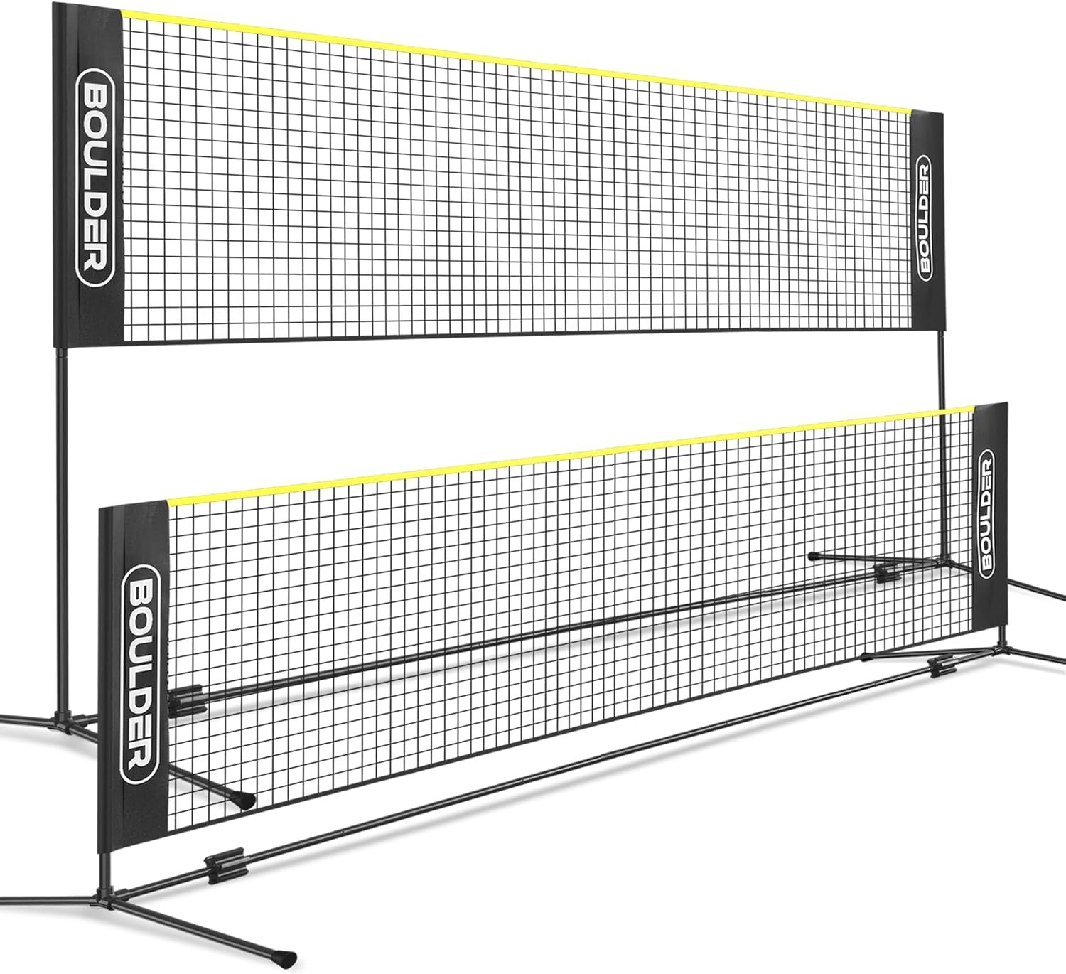 Boulder Badminton Pickleball Net - Height Adjustable Portable Net for Junior Tennis, Kids Volleyball & Soccer, and Backyard Games - Easy Setup Nylon Sports Net with Poles 10 ft/14ft/17ft Wide