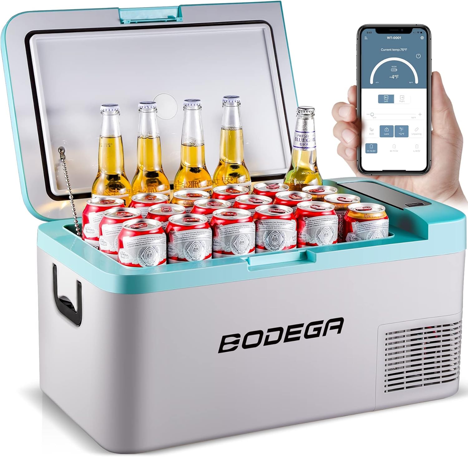 BODEGA 12 Volt Car Refrigerator, Portable Freezer, Car Fridge Single Zone APP Control, 20 Quart（18L）-4℉-68℉ RV Electric Compressor Car Cooler with 12/24V DC and 100-240V AC, for Car, RV, Camping and Home Use, Sky Blue