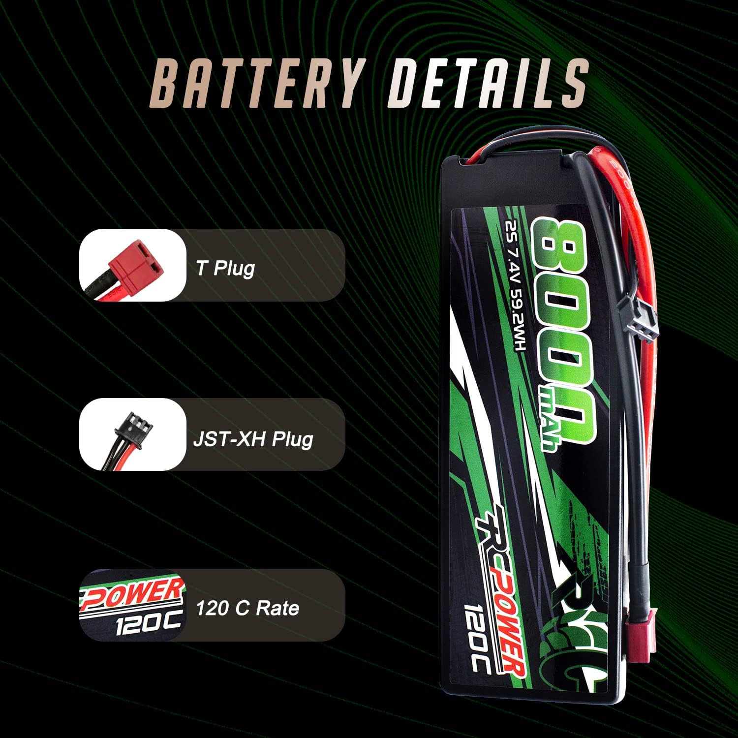 RCPOWER 7.4V 8000mAh 2S Lipo Battery 120C Hard Case Lipo Battery with T Plug for RC Vehicles, RC Car, RC Truck, RC Boat (2Packs)