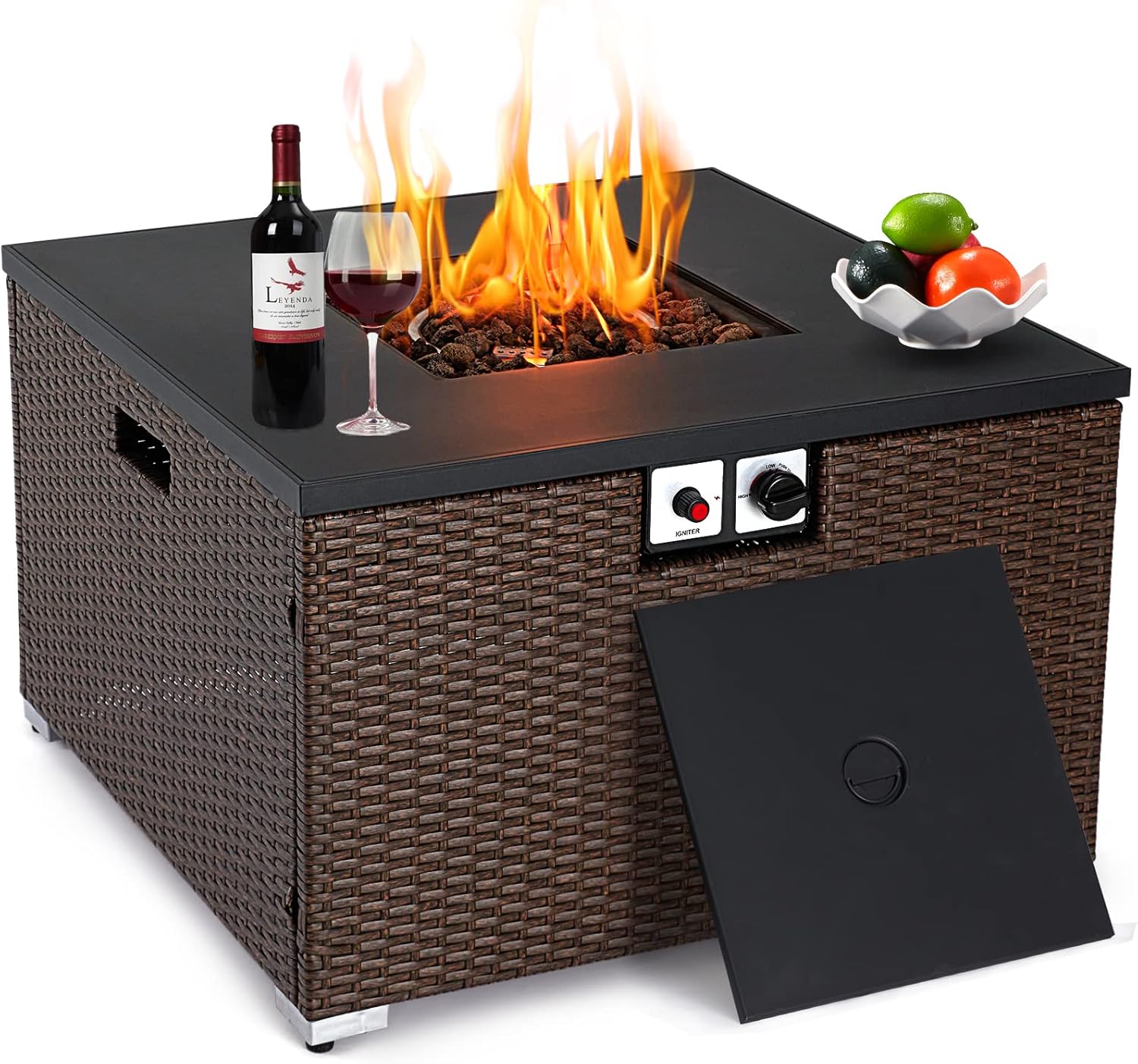 Avawing 32in Square Fire Pit Table,40,000BTUs Wicker Propane Gas Firepit Table 2 in 1 Fireplace Table Outdoor Fire Tables for Outside Patio Backyard W/Lid and Lava Stone, Grey