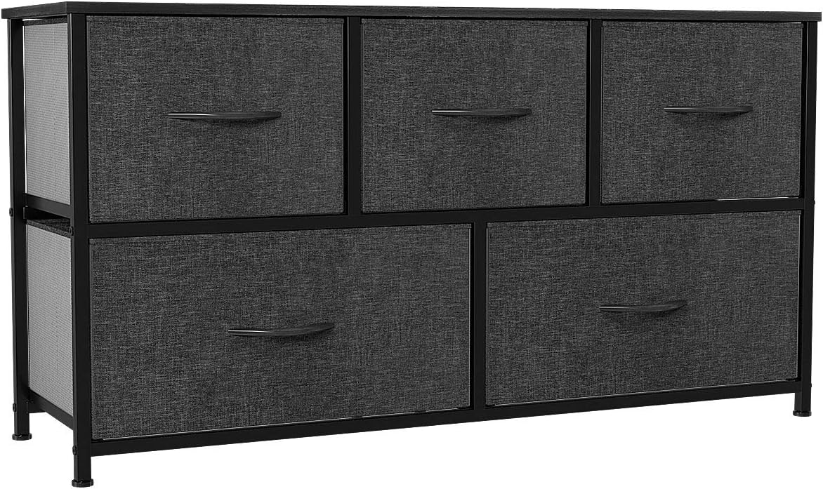 YITAHOME Wide Storage Tower with 5 Drawers - Fabric Dresser, Organizer Unit for Bedroom, Living Room, Closets & Nursery - Sturdy Steel Frame, Easy Pull Fabric Bins & Wooden Top (Black/Grey)