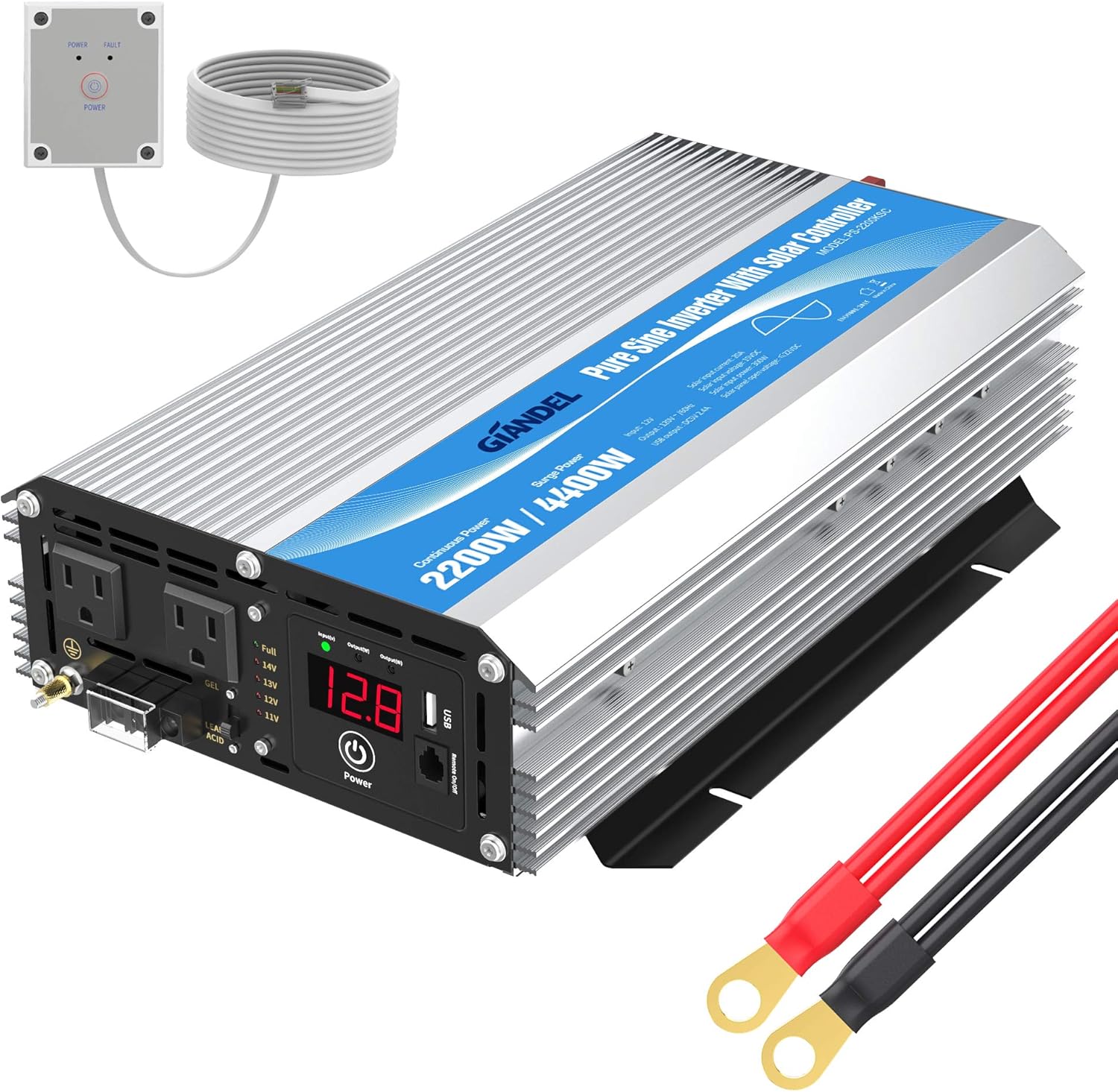 GIANDEL Pure Sine Wave Power Inverter 2200Watt DC 12 Volt to AC 120 Volt with 20A Solar Charger Control and Remote Control & LED Display 2.4A USB Port for RV Truck Solar System