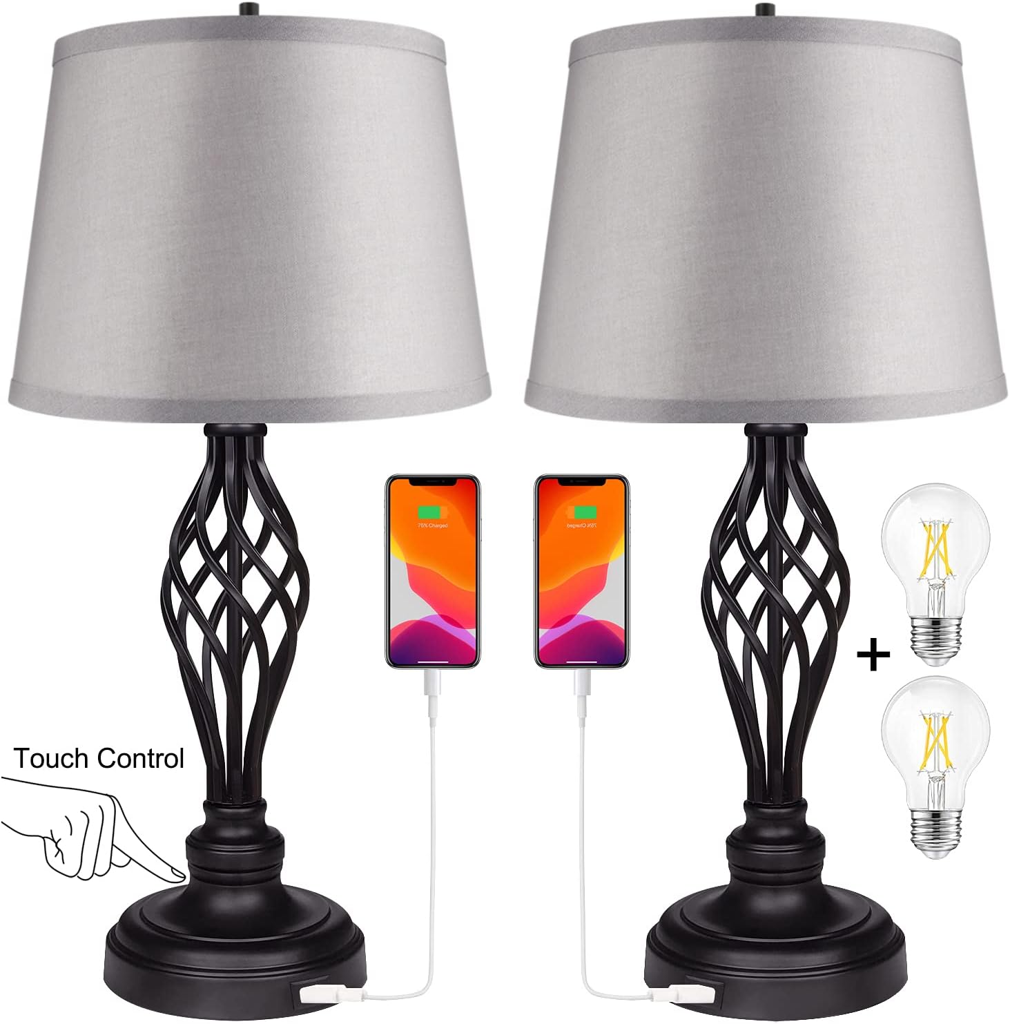 Set of 2 Touch Control 3-Way Dimmable Table Lamp Nightstand Lamp with USB Port AC Outlet Bedside Desk Lamp with Fabric Shade for Living Room Bedroom, Warm White Bulbs Included