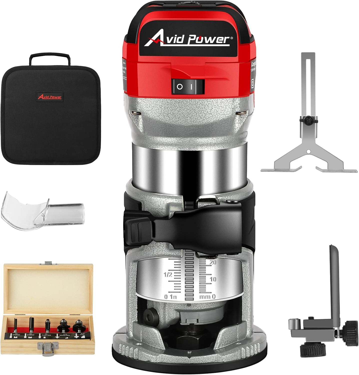 AVID POWER 6.5-Amp 1.25 HP Compact Router with Fixed Base, 5 Trim Router Bits, Variable Speed, Edge Guide, Roller Guide and Dust Hood