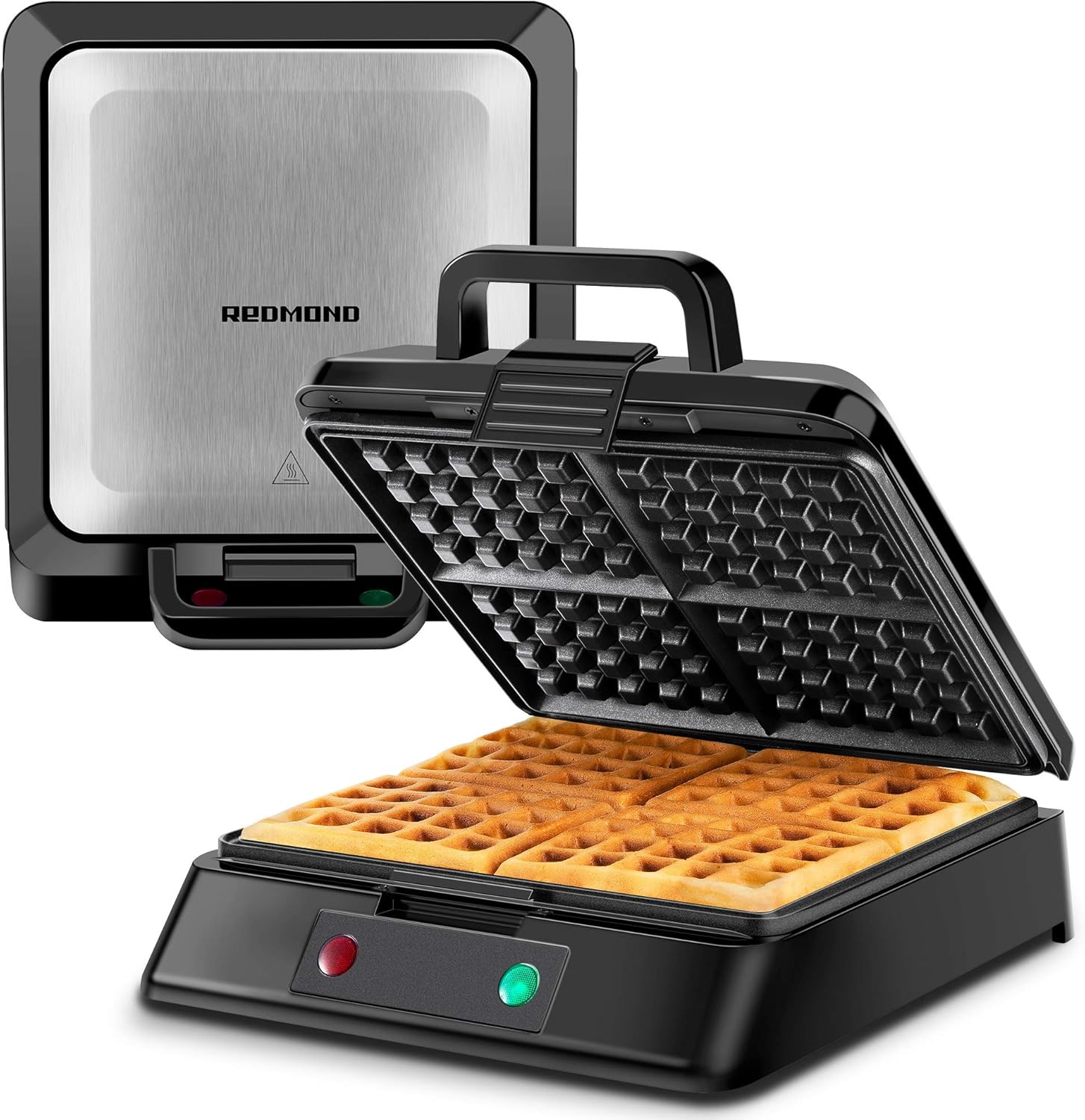 REDMOND Belgian Waffle Maker, Non-Stick 4 Slice Square Waffle Iron Compact 8 inch Stainless Steel Mini Waffle Maker with Anti-Overflow Edge, Temperature Preheat Indicator, 1300W, Black Pack of 2