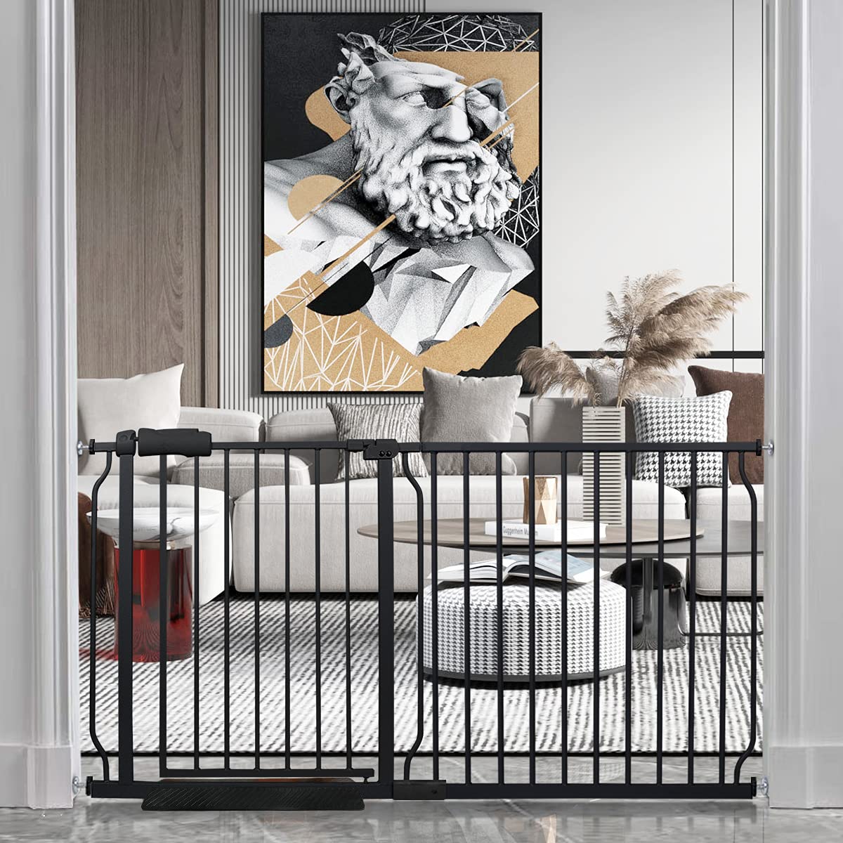 HOOOEN Extra Wide Baby Gate Extra Wide Extra Tall Dog Gates for Stairs Doorways Black Metal Tension Indoor Safety Gates with Pressure Mount 57.5-62 Inch