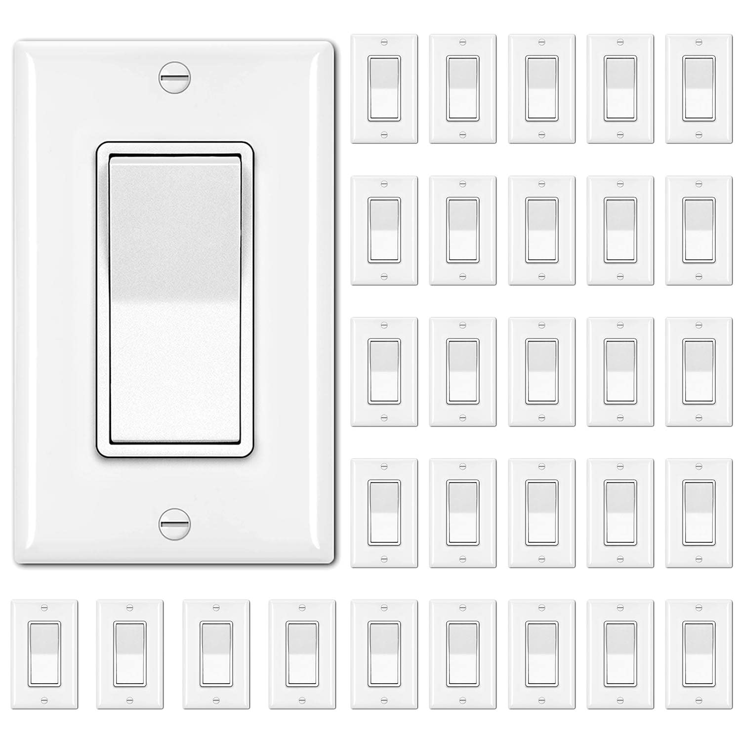 [30 Pack] BESTTEN Single Pole Wall Light Switch with Wallplate, 15A 120/277V, Decorator On/Off Rocker Paddle Interrupter, UL Listed, White