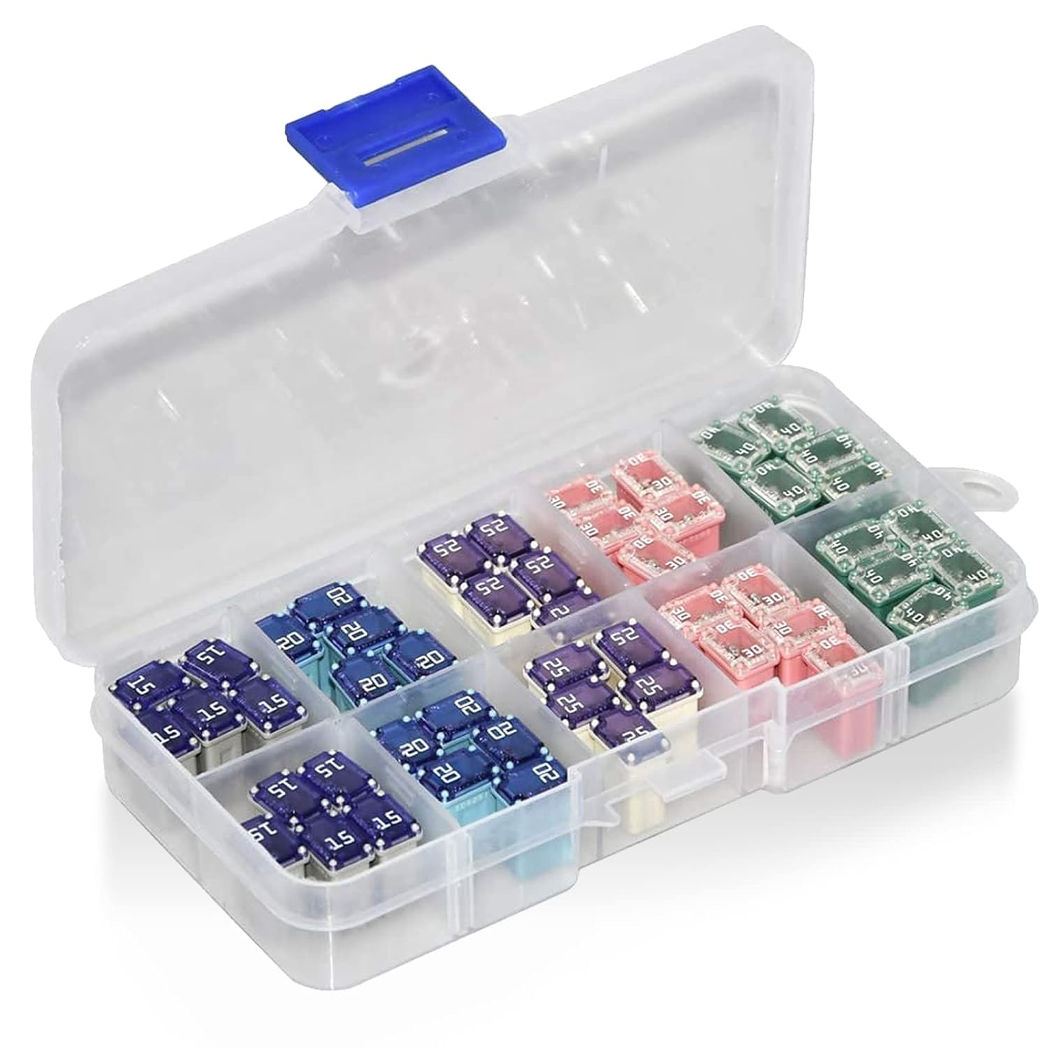 50 Pack Automotive MCASE Mini Box Shaped Cartridge Fuse Kit for Cars, Trucks, and SUVs(15a 20a 25a 30a 40a Each 10 Pcs)