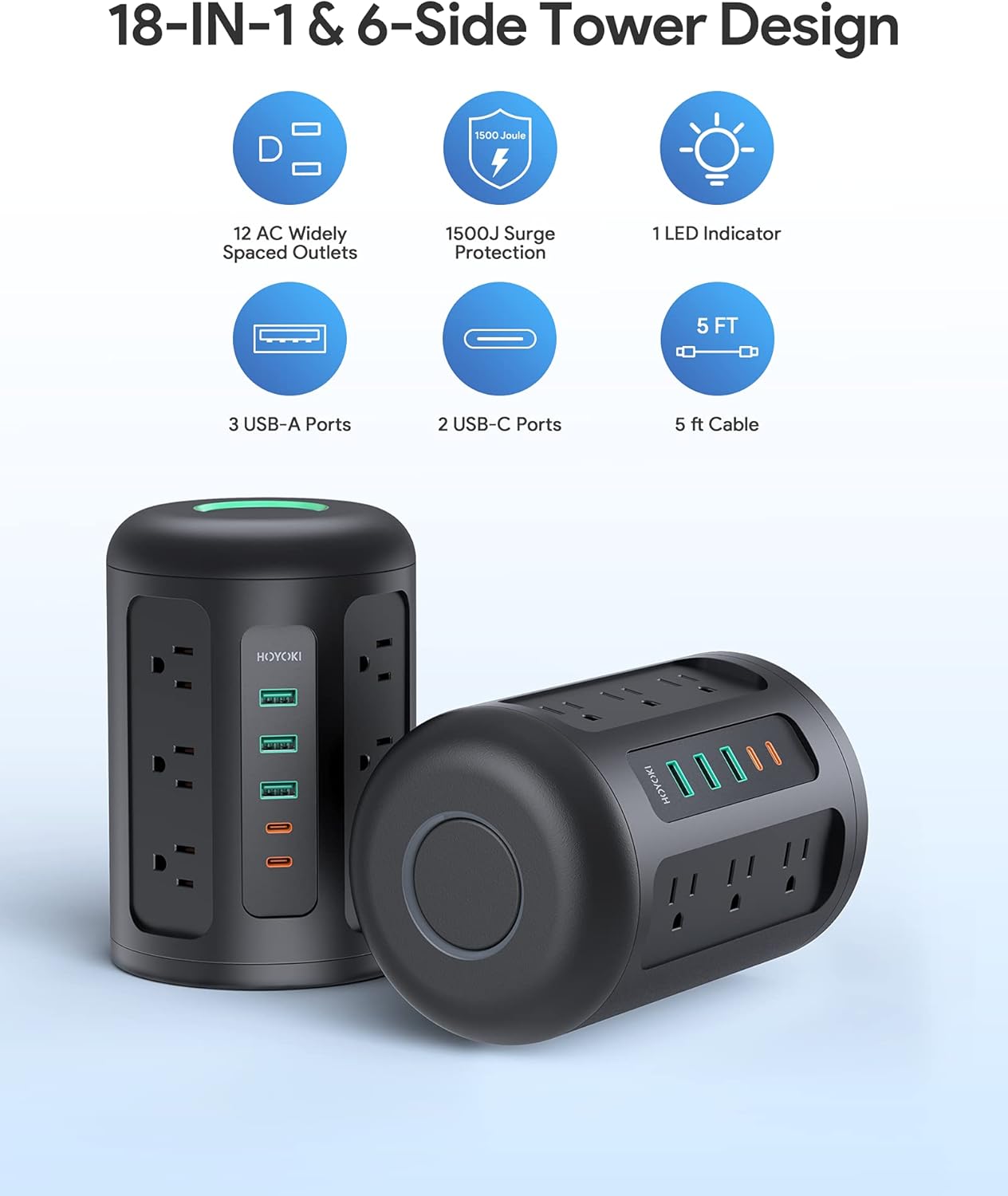 2022 Newest Power Strip Tower with 12 Widely Spaced AC Outlets, 1500 Joules Surge Protector with 2 USB C Ports & 3 USB Ports & 5ft Cord, Charging Station for Phone, Tablet, Power Bank (Home/Office) Pack of 2