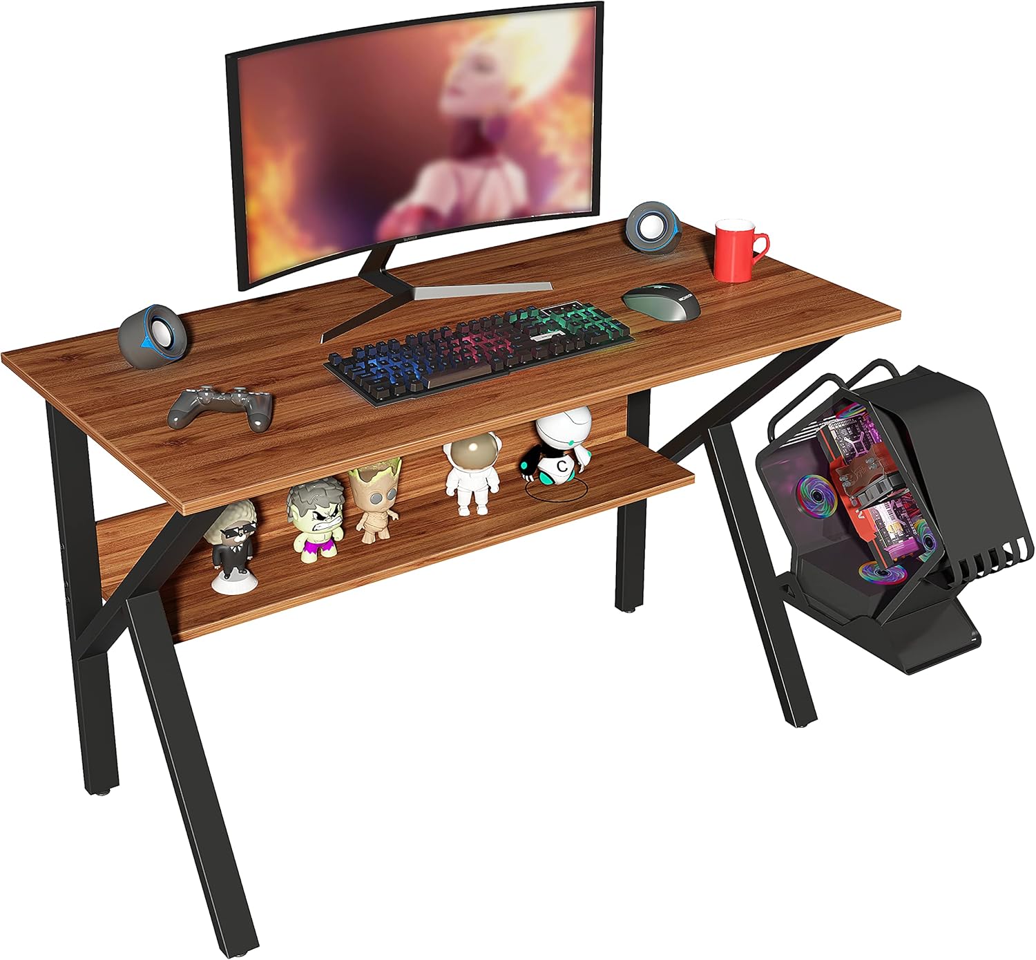XINDACLOVER Gaming Computer Desk for Gamer, 47 Inch Small Student Desk for Bedroom, Computer Desk with Bookshelf for Home Office, Studying Writing Table for Small Space(Walnut)
