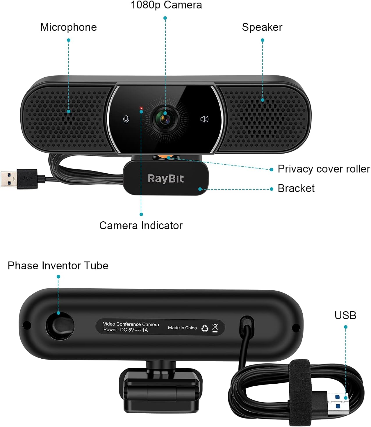 3 in 1 Webcam RayBit HD 1080P Web Camera with Invisible Privacy Cover & Noise Reduction Microphone & HiFi Speaker, Streaming Video Conferencing, All in One 94° Wide Angle Computer Webcam, Plug & Play Pack of 2