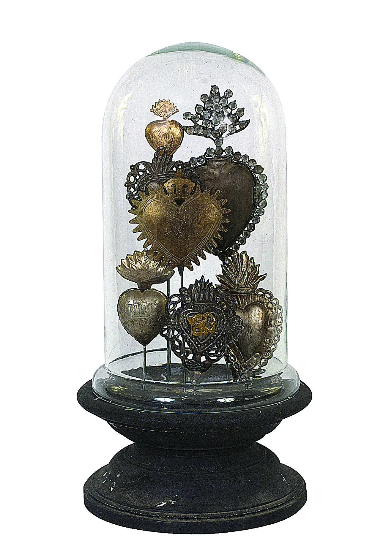 Creative Tin Sacred Hearts on Wood Pedestal with Glass Cloche