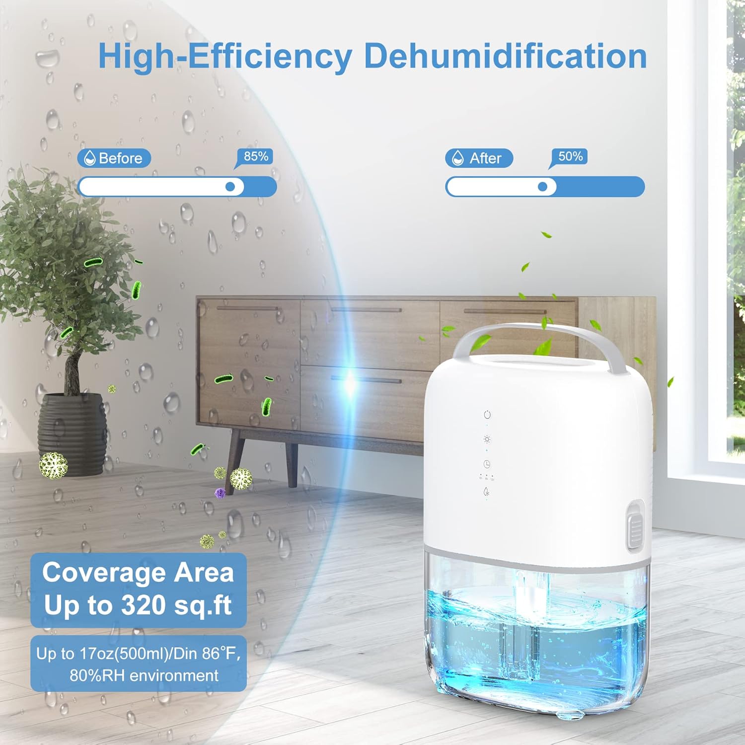 Dehumidifiers, JREAWD Portable Dehumidifiers for Home 320 Sq.Ft with Timer Defrost Protection LED Light 50oz(1500ml) Ultra Quiet Small Dehumidifiers for Bedroom Bathroom Closet Kitchen Office RV Pack of 2