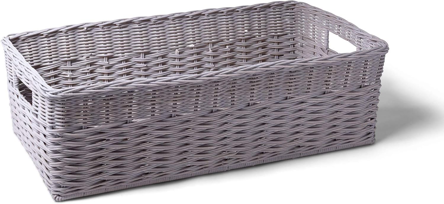 The Basket Lady Ombak Weave Narrow Underbed Storage Basket, Medium, 24.5 in L x 12 in W x 7.5 in H, Batu Grey Pack of 2