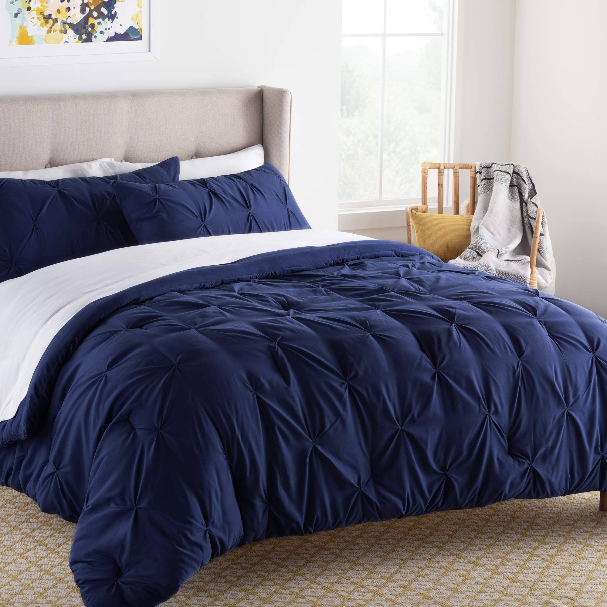 Linenspa all- Season Hypoallergenic - Plush Microfiber Fill - Machine Washable Alternative Comforter, Full, Navy Pinch Pleat