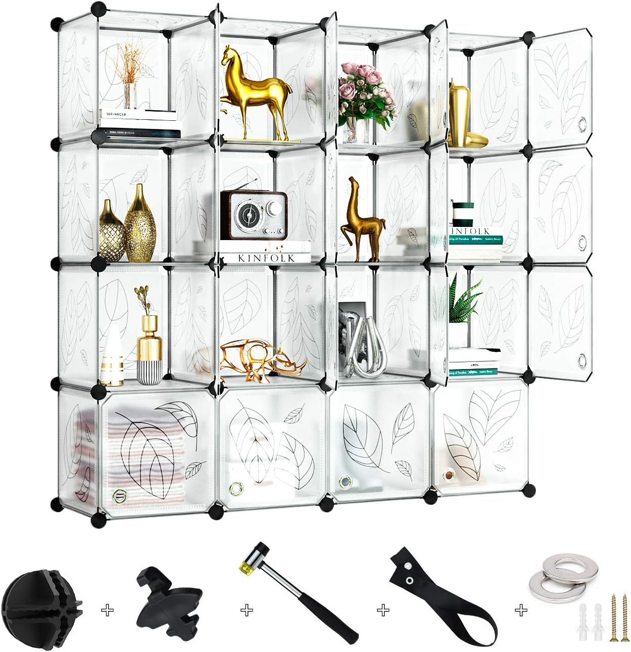 GREENSTELL Cube Storage Organizer, Plastic Closet Organizer with Doors, 16-Cube DIY Storage Cubes Organizer, Modular Storage Cabinet Book Shelf Shelving for Bedroom, Living Room, Office White Pack of 2