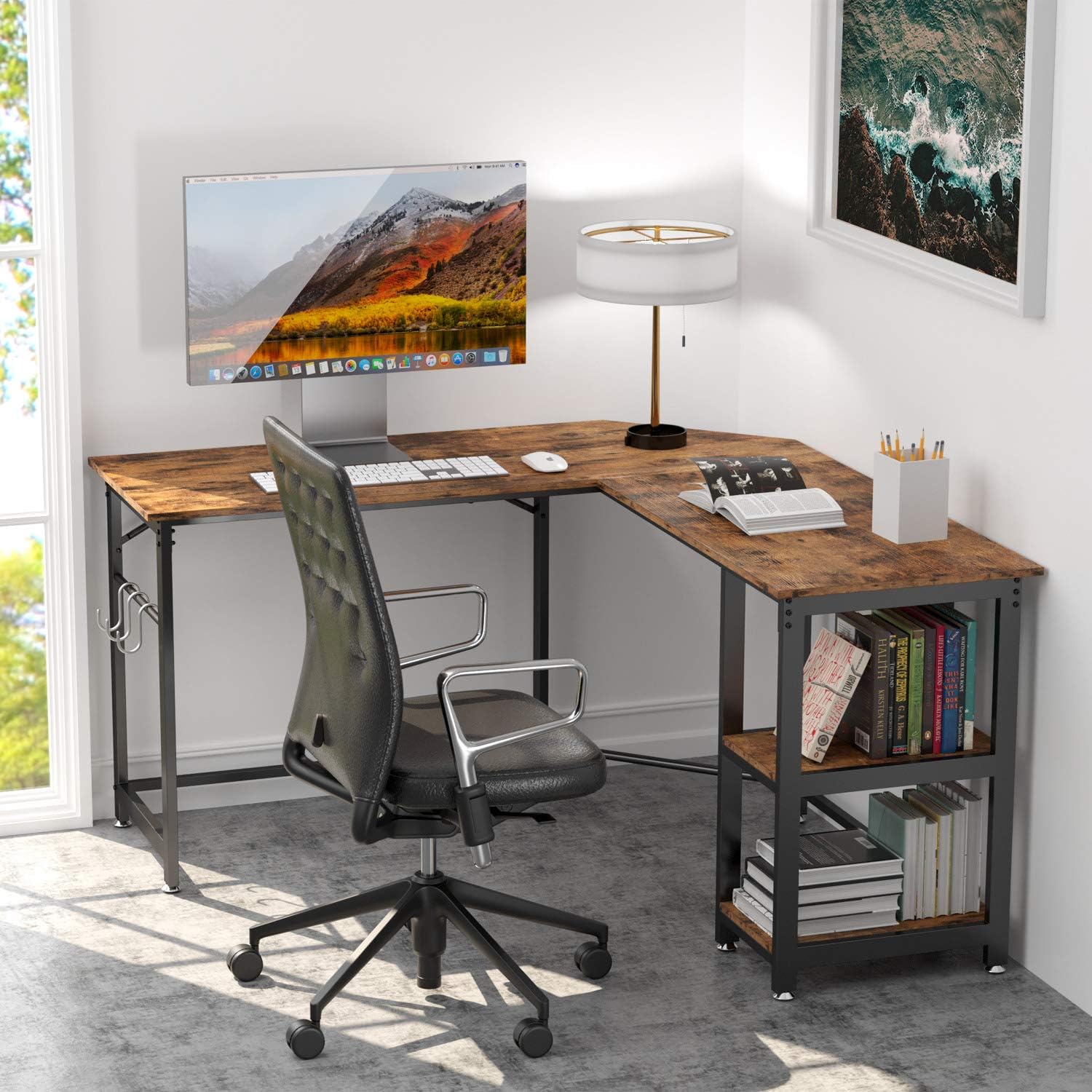 IRONCK L Shaped Computer Desk, Corner Office Desk Writing Study Table with Storage Shelves, Multi-Usage Large Long Home Office Desk Gaming Wood and Metal, Space-Saving, Easy Assembly