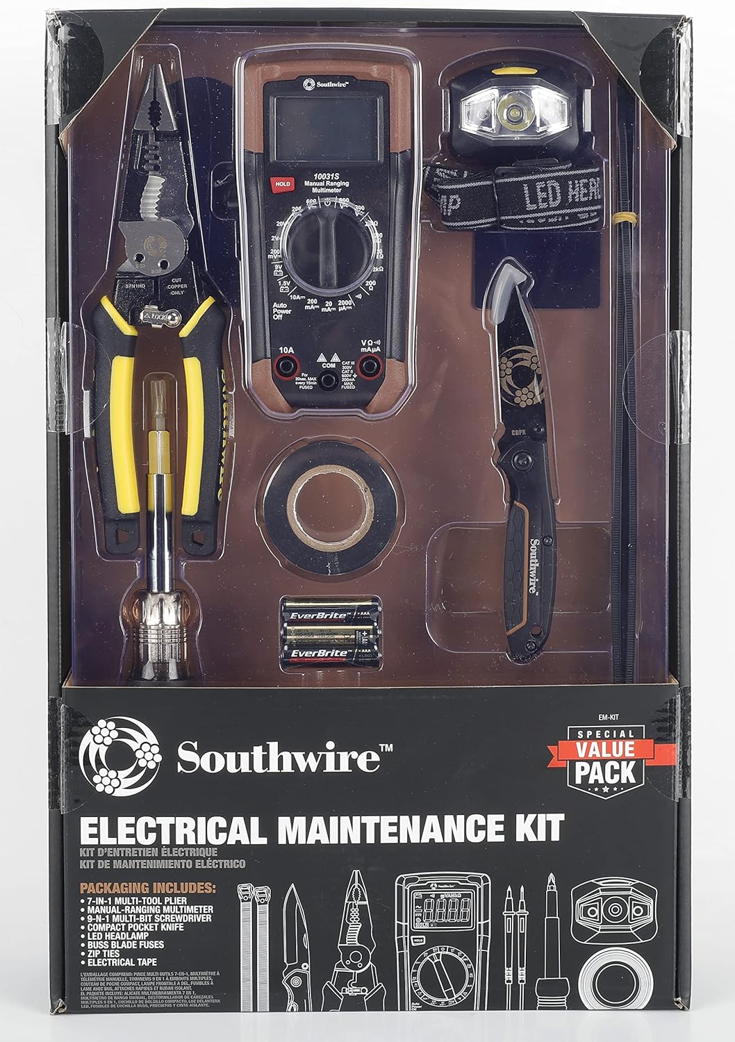 Southwire EM-KIT Electrical Maintenance Tool Kit including Multi-Tool Pliers, Multimeter, Multi-Bit Screwdriver, Compact Pocket Knife, LED Headlamp, Buss Blade Fuses, Zip Ties, and Electrical Tape