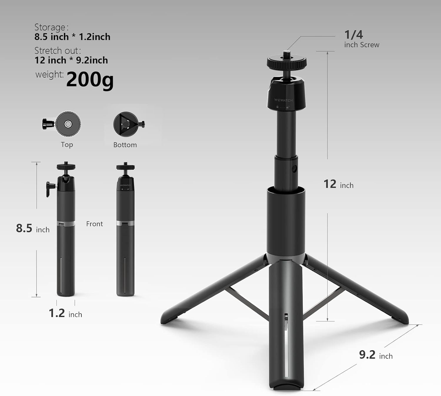 WEWATCH Projector Pocket Tripod Stand - PS101 12 inch Lightweight Tripod Stand, Compact, Aluminum Alloy Portable Projector Stand with 360&deg; Ball Head for Projectors, Cell Phone, IP Camera and Webcam