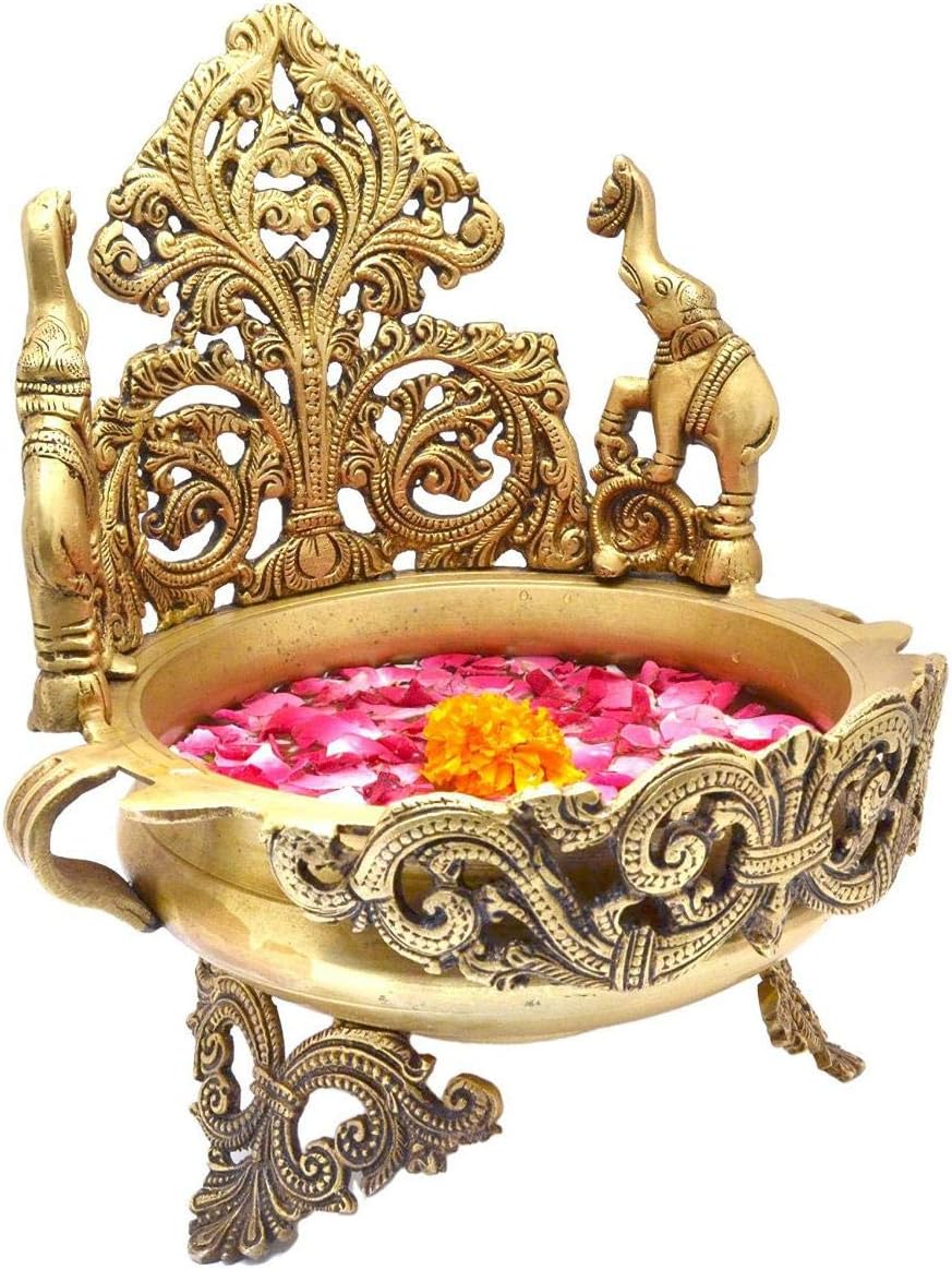 Aakrati Peacock and Elephant Design Traditional Brass Urli for Floral and Candle Decoration Show Piece/Home Decor for Reception, Office and Pooja Rooms