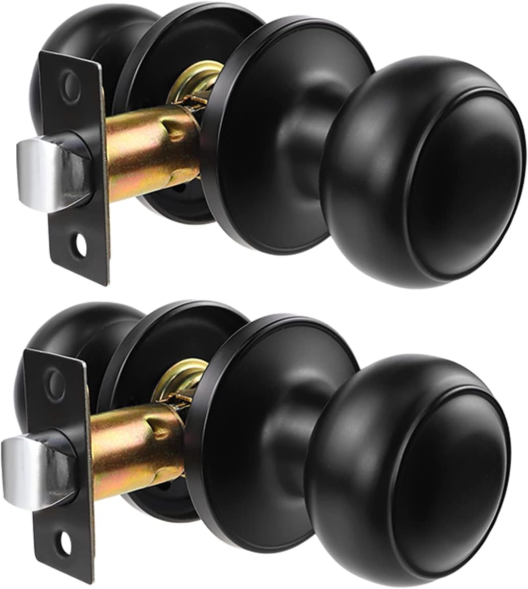 Passage Door Knobs Hall Closet, Interior Door Lock Handle Set Without Key, Keyless Door Knobs levers Black for Hall and Closet. Round Style Door Knobs (2 Pack).