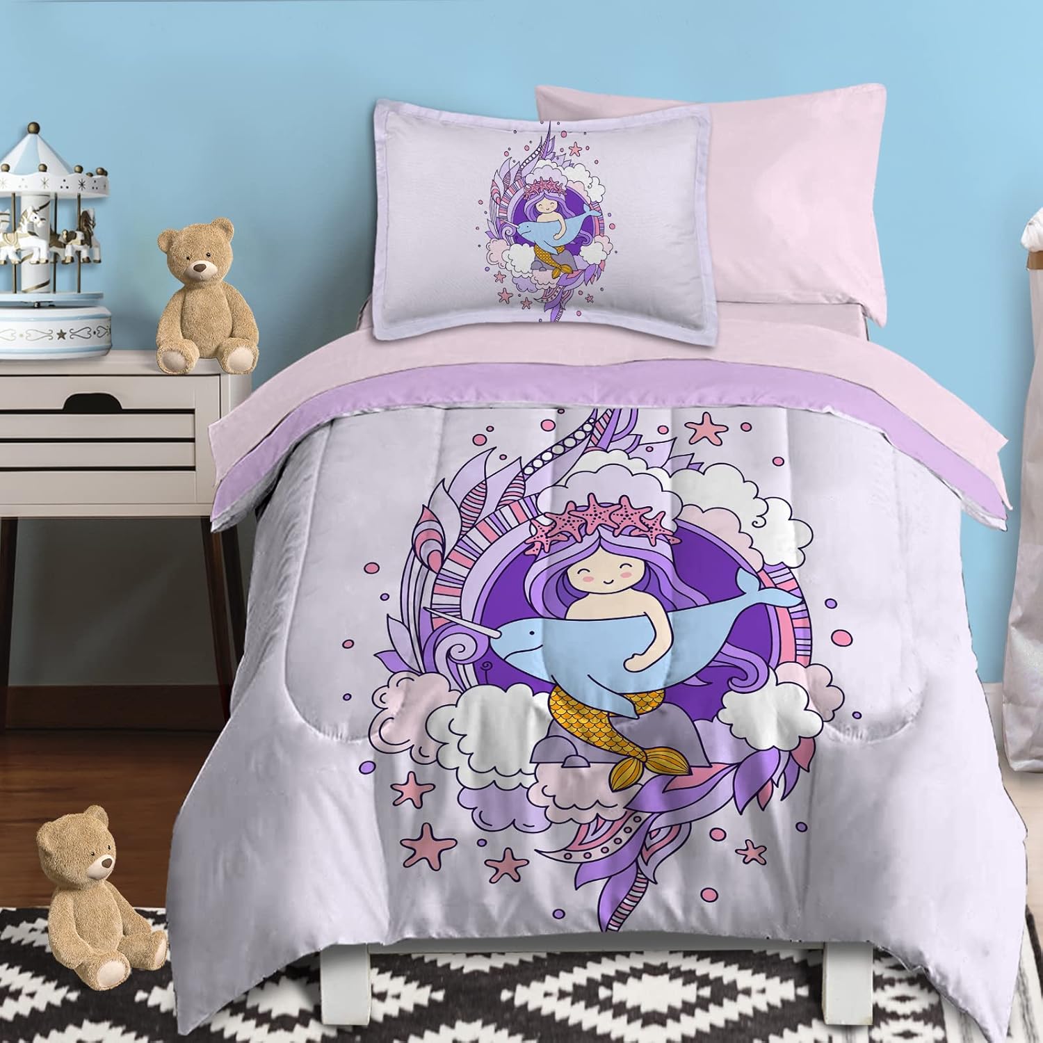 SOULZZZ 100% Super Soft Microfiber Mermaid Bedding Set-Five Piece Set (Pink Blue Mermaid) Pack of 2