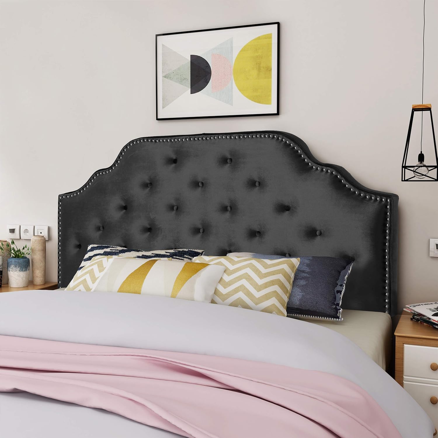 Christopher Knight Home 303588 Silas Velvet Headboard, Queen / Full, Black / Black