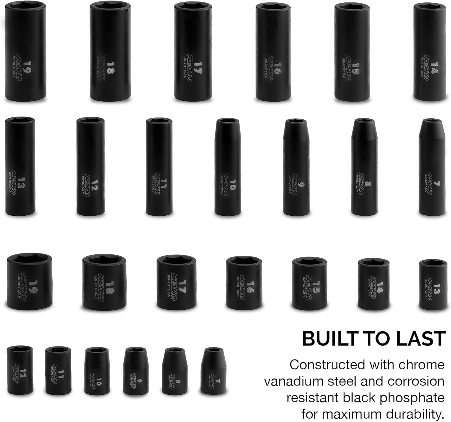 NEIKO 02433A 3/8&rdquo; Drive Standard and Deep Metric Impact Socket Set | 26 Pieces | Metric 7mm to 19mm | Premium Cr-V Steel | 6-Point Hex Design | Corrosion Resistant Black Phosphate Coating
