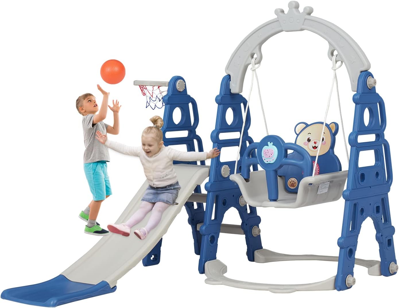 Toddler Outdoor Playset Slides for Kids Backyard - 4 in 1 Slide Climber Swing Basketball Hoop & Music Player Indoor Outdoor Playground (Blue)