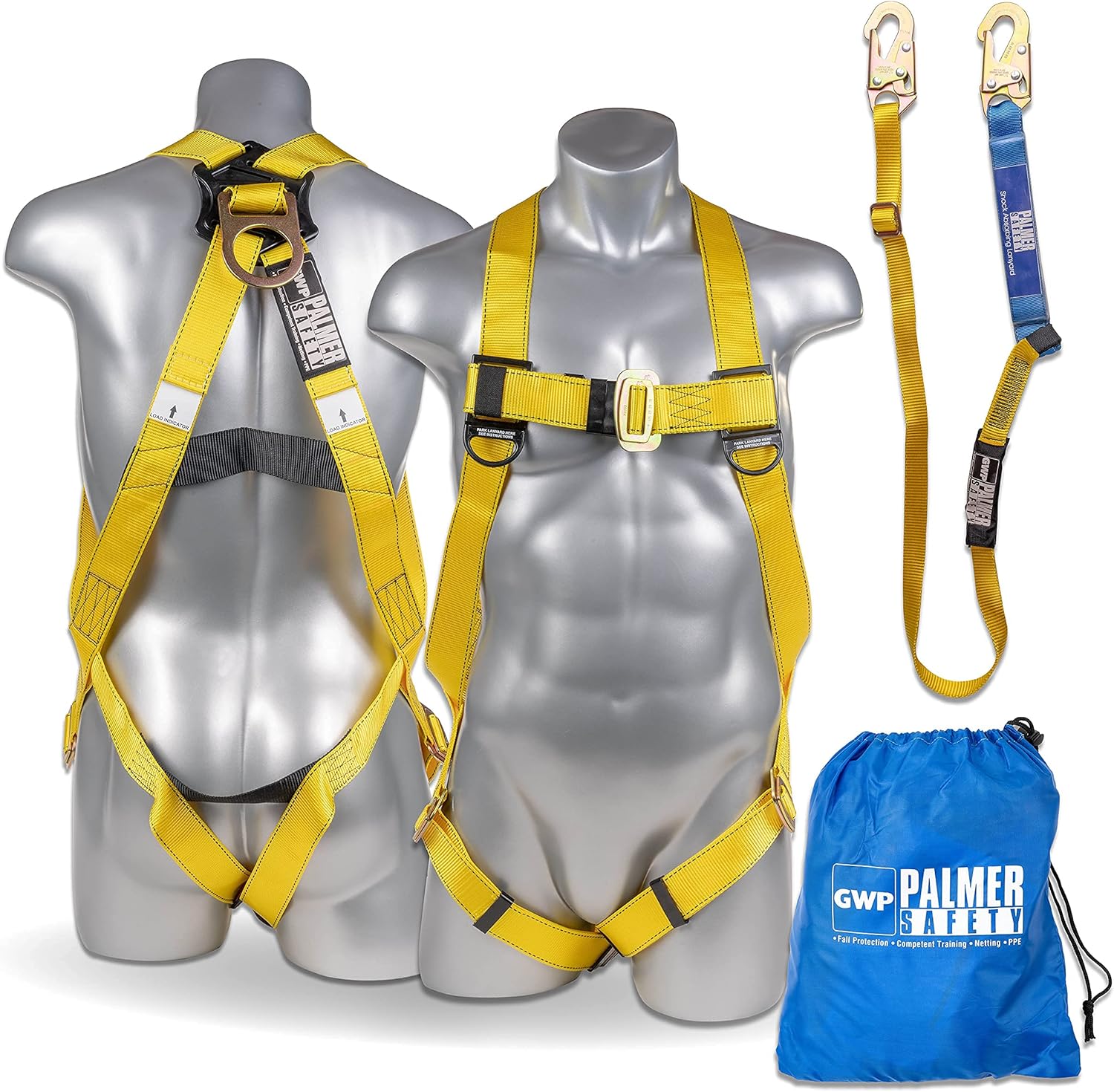 Palmer Safety Safety Harness w/Detachable 6' Single Leg Lanyard I INTERNAL Shock Absorbing Lanyard I OSHA/ANSI Safety Kit
