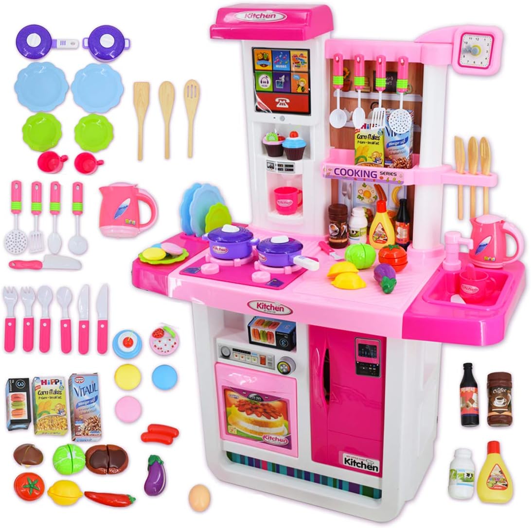deAO My Little Chef Kitchen Playset Role Playing Game with Touchscreen Panel, Water Features and 50 Accessories Included (Pink)
