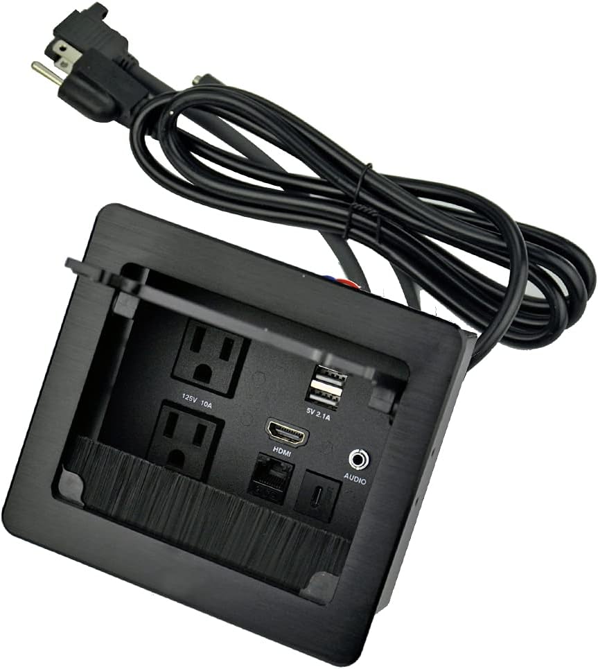 Tabletop Brush Flip Connectivity Box with 2 AC Power + 2 USB Charger + HDMI + 1 3.5mm Audio + USB-C Data + RJ45(cat6) for Conference Room (Black) Pack of 2