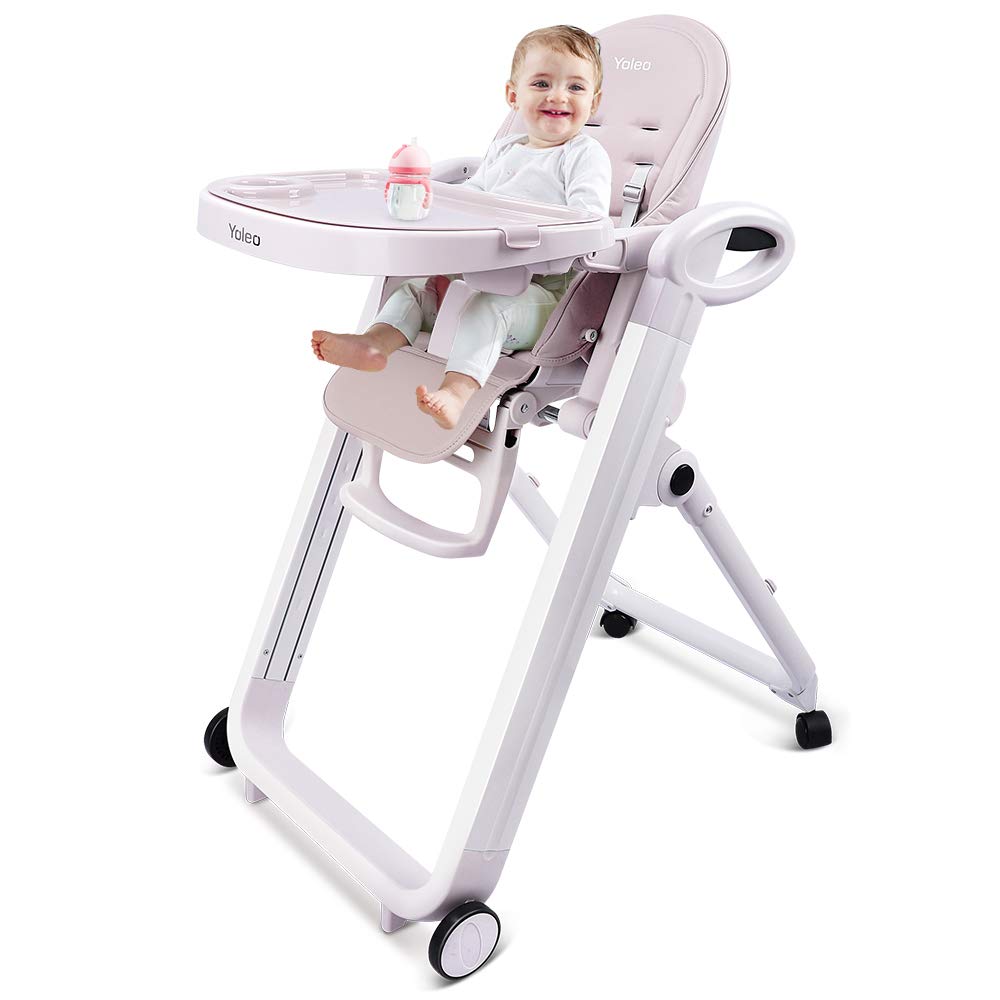 Yoleo Baby High Chair for Toddlers Space Saver, Safety Portable Adjustable Feeding Dining Chairs with Soft Seat-4 Wheels (Gray)