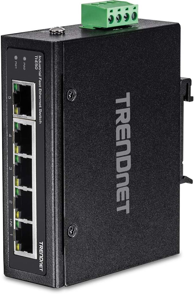 TRENDnet 5-Port Industrial Unmanaged Fast Ethernet DIN-Rail Switch, 5 x Fast Ethernet Ports, IP30, Operating Temperature Range of -40&deg; &ndash; 75&deg;C (-40&deg; &ndash; 167&deg;F), Lifetime Protection, Black, TI-E50