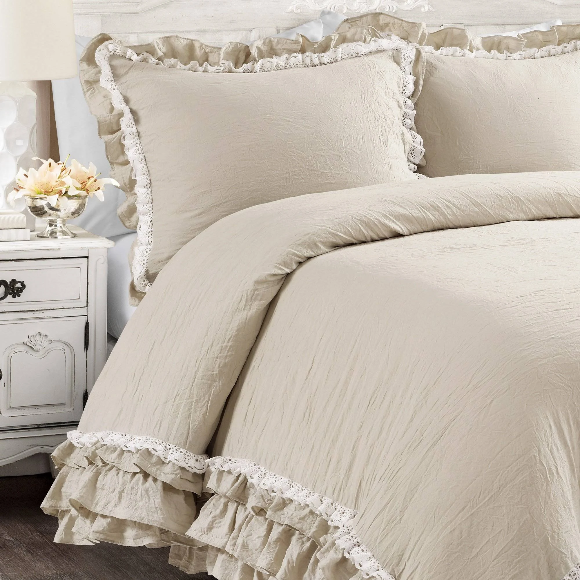 Lush Decor Ella Shabby Chic Ruffle Lace Comforter Light Gray 3PC Set King